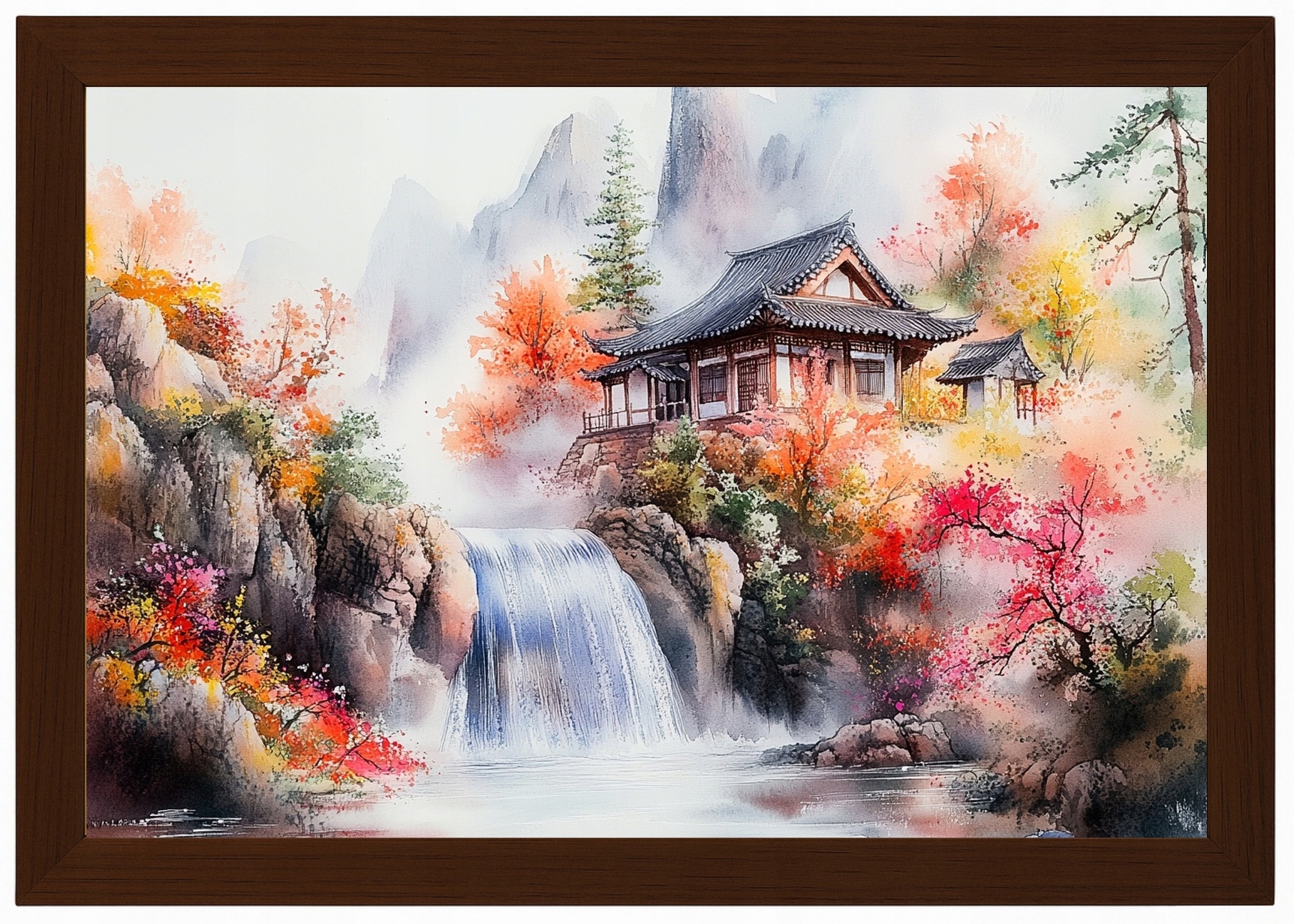 Plakát Rámeček Dřevo Krajina Orient Asie Japonsko Hory Vodopád Dům 60x40