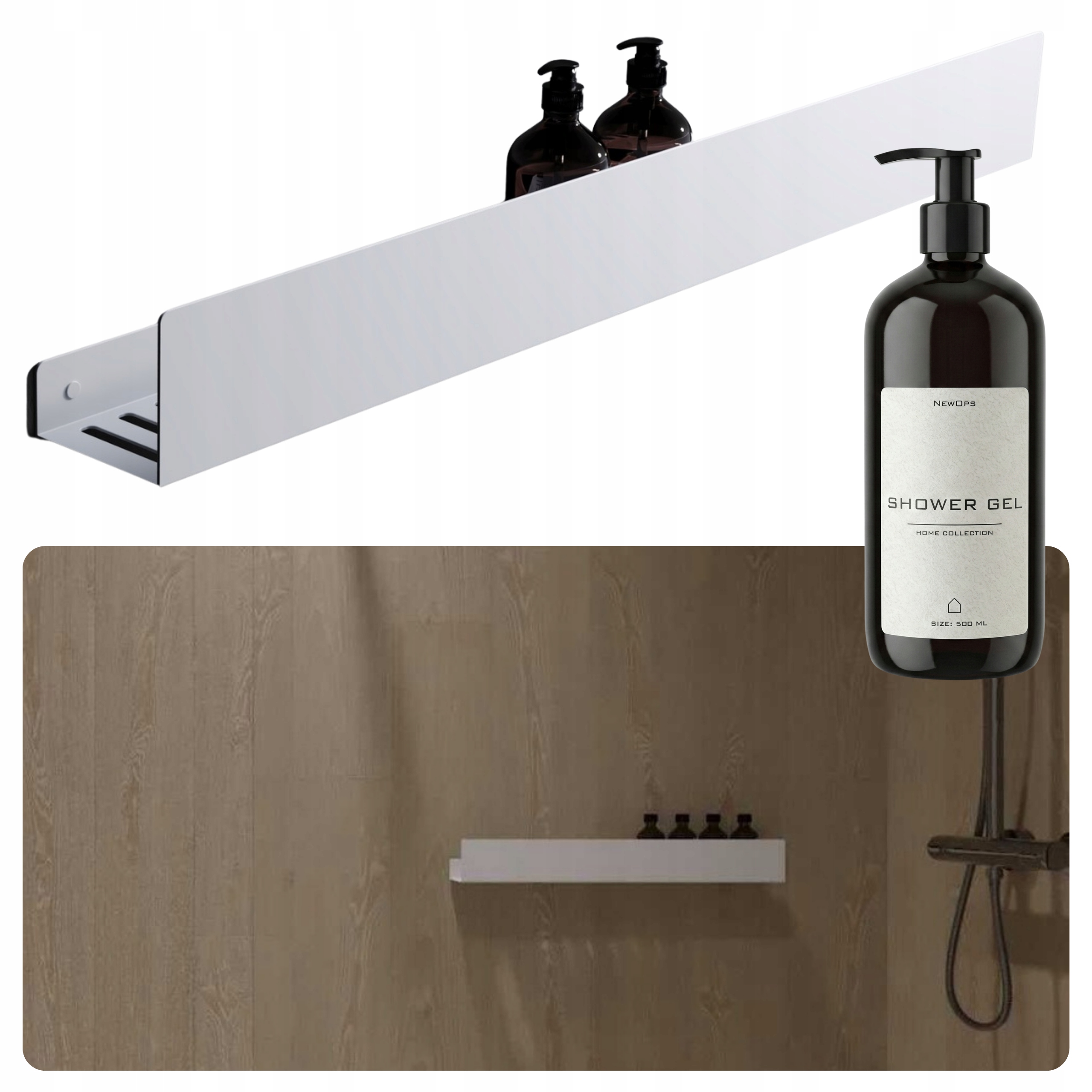 Sprchová Polica Biela Dlhá Loftová Kovová Do Kúpeľne 80 cm Dávkovač