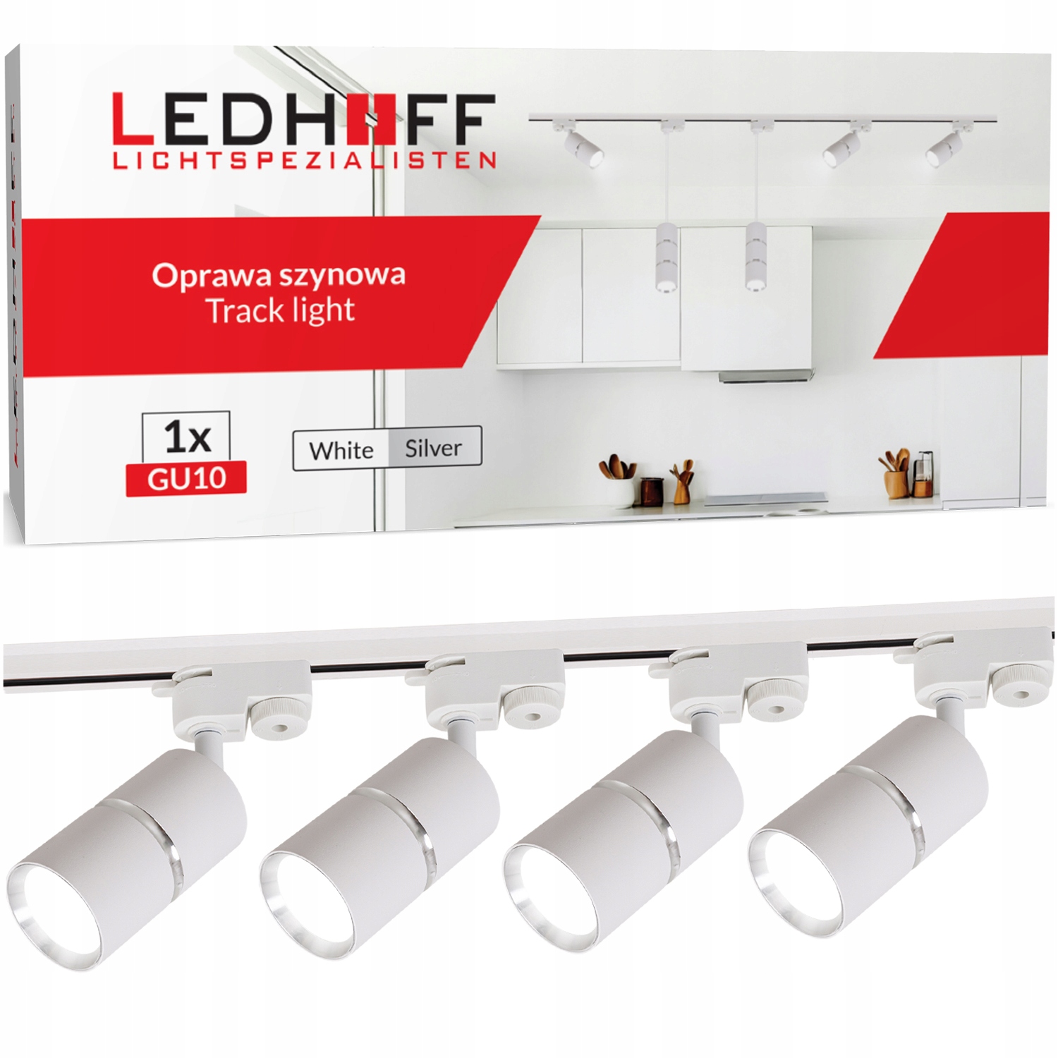 Lištová lišta 1 m 4x reflektor GU10 Bílá stříbrná lampa Spot Sada