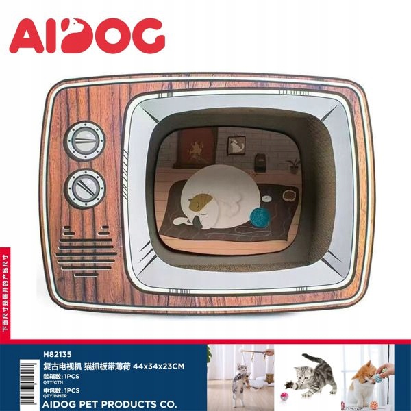 Levně Retro televizor pro kočky s dřevěnou povrchovou úpravou a mátou