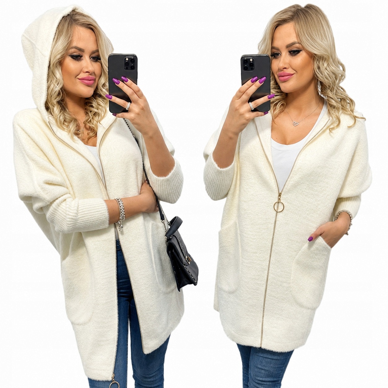 Alpaki Zip Kabát Vlna Barvy oversize Dlouhý Ecru