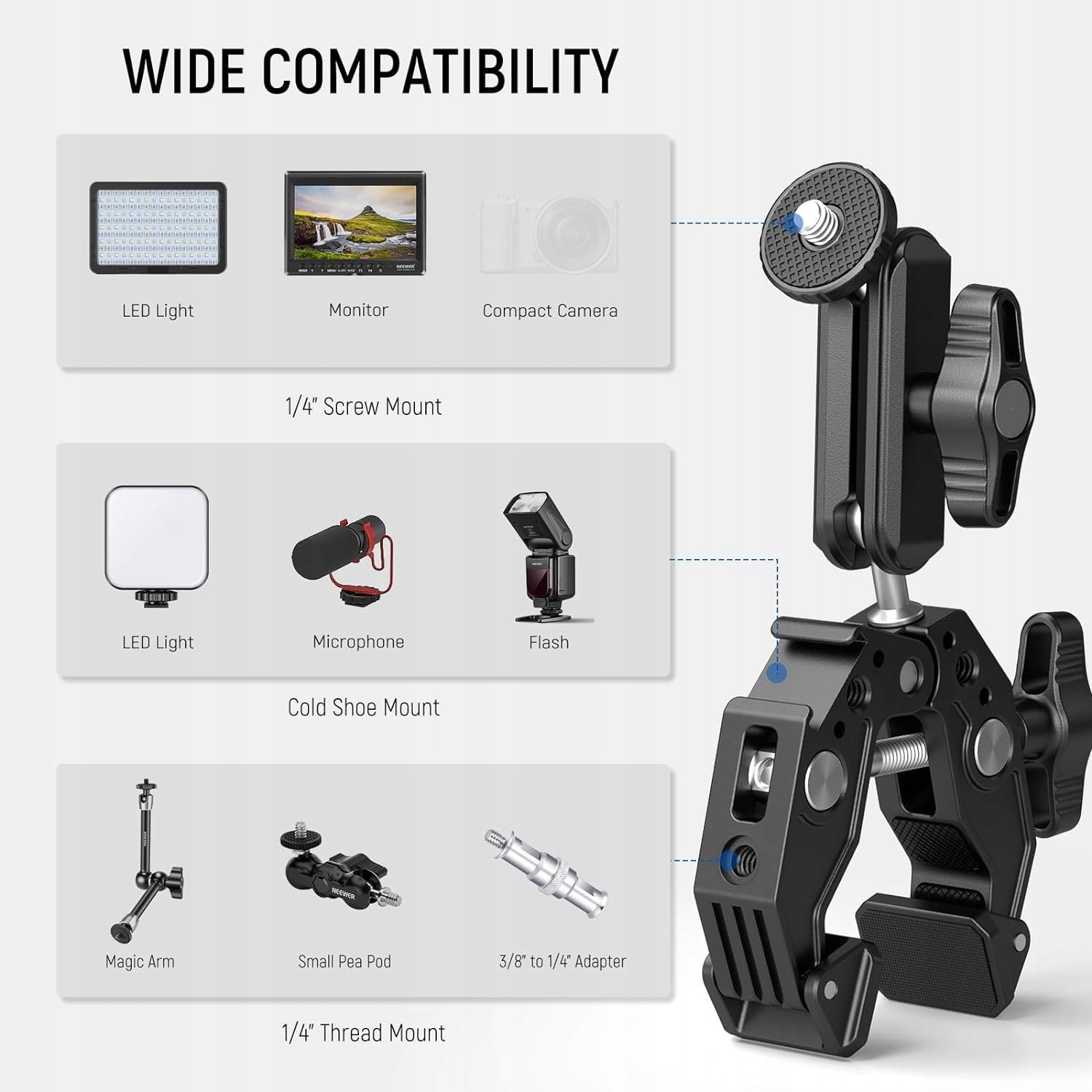 NEEWER Super Clamp Uchwyt z Magicznym Ramieniem do Kamery i Telefonu — miniatura 7