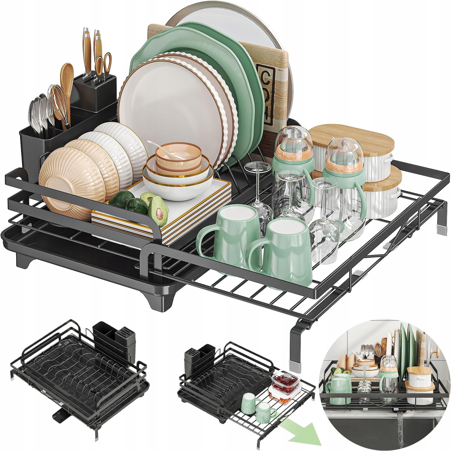 Odkapávač Velký Stojanový Sušák Na Nádobí Talíře Příbory Černý Kov