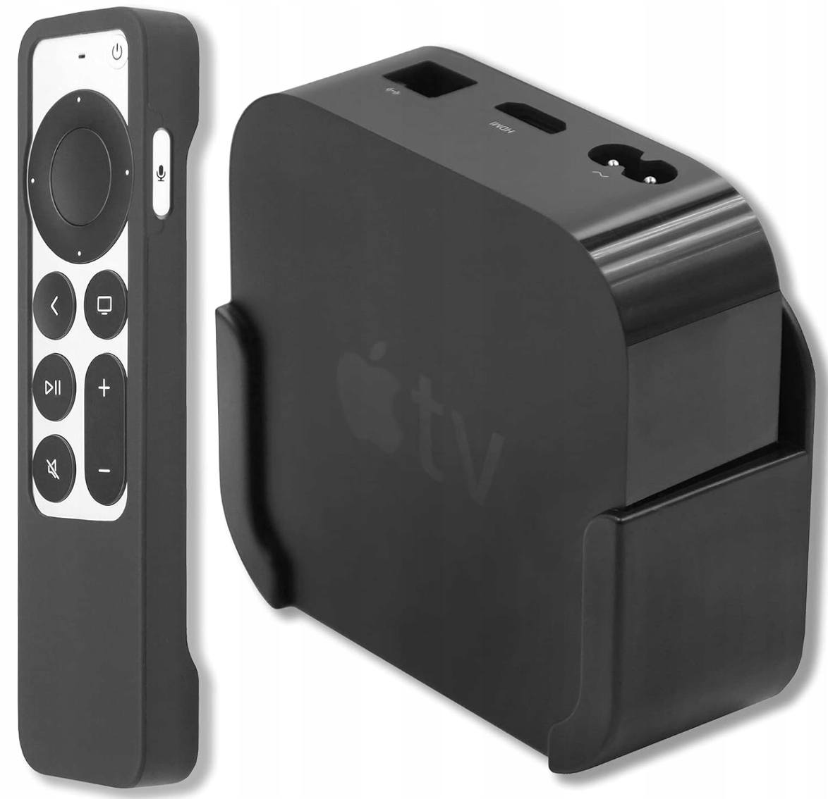UCHWYT ŚCIENNY NA APPLE TV 4K HD CZARNY + GUMOWE ETUI NA PILOT 2 GENERACJI