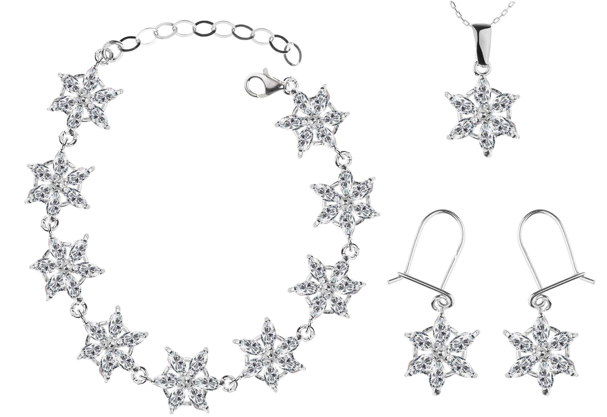 

Komplet Biżuterii Srebrne Kwiatki Cyrkoniami 925