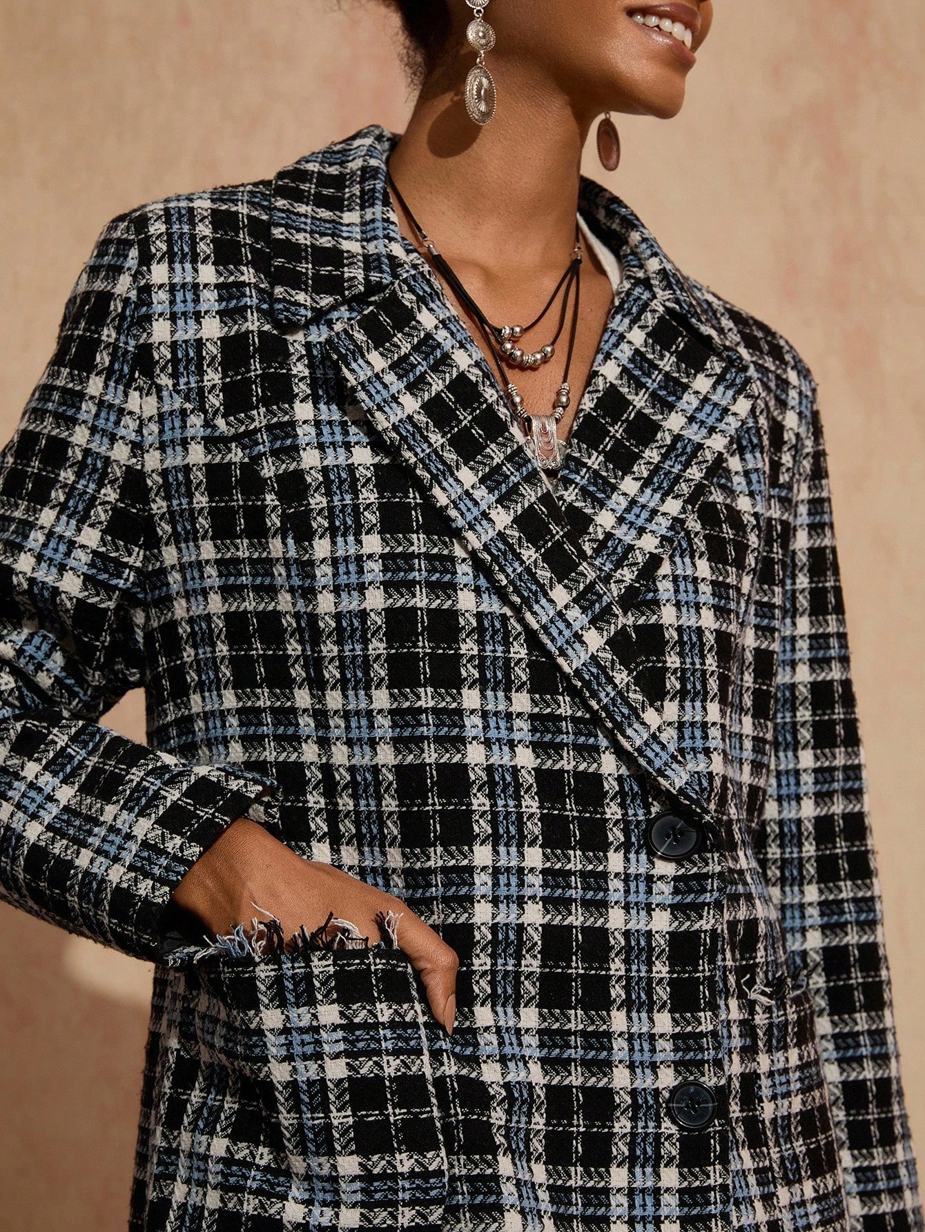 Dámský Kabát Tvídový Kostkovaný Jednořadý Stylový Casual Shein M 38