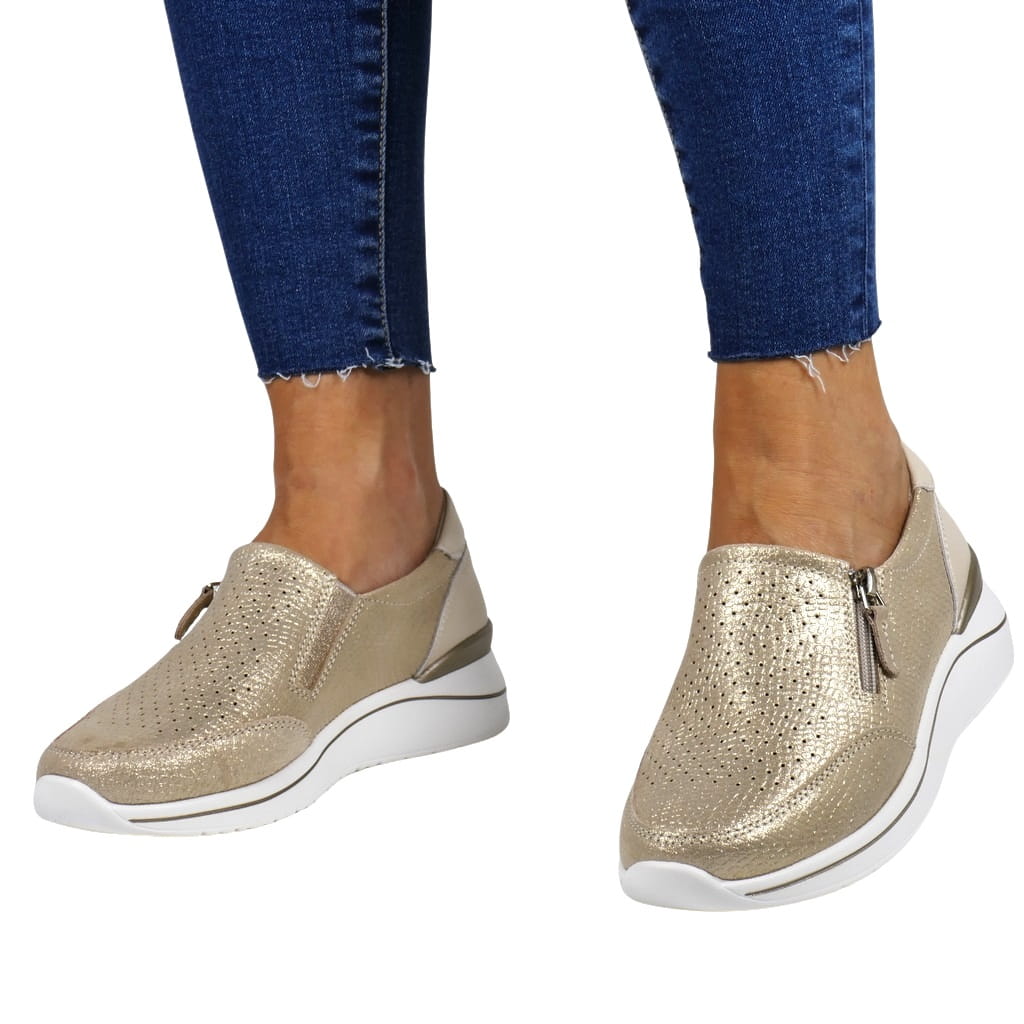 SKÓRZANE BUTY DAMSKIE PÓŁBUTY SNEAKERSY NA KOTURNIE ZŁOTE GOLD WYGODNE Rozmiar 38