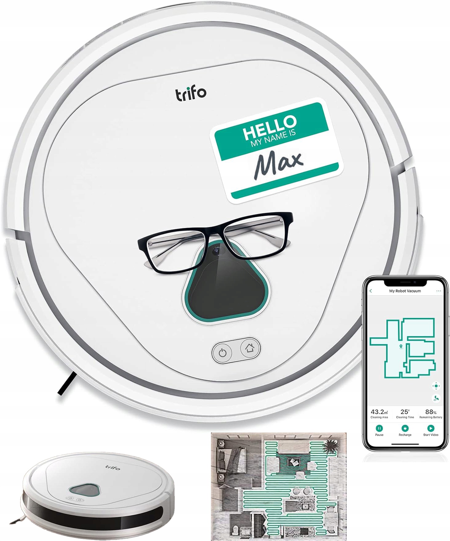 Robot Sprzątający Mopujący Odkurzacz Biały 4000Pa Aplikacja Kamera TRIFOMAX