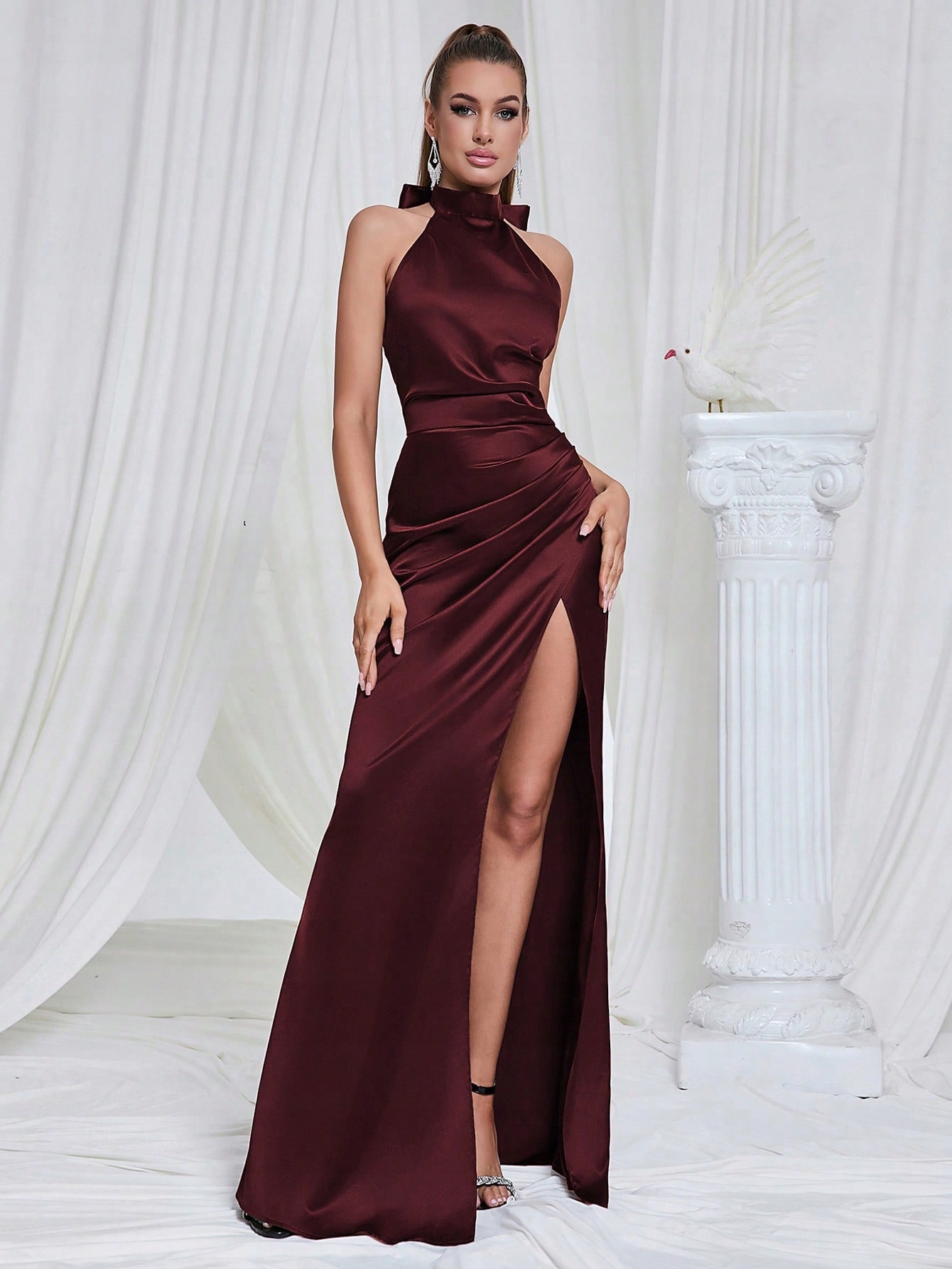 Shein Bordó Elegantní Šaty Se Stojáčkem Se Stojáčkem