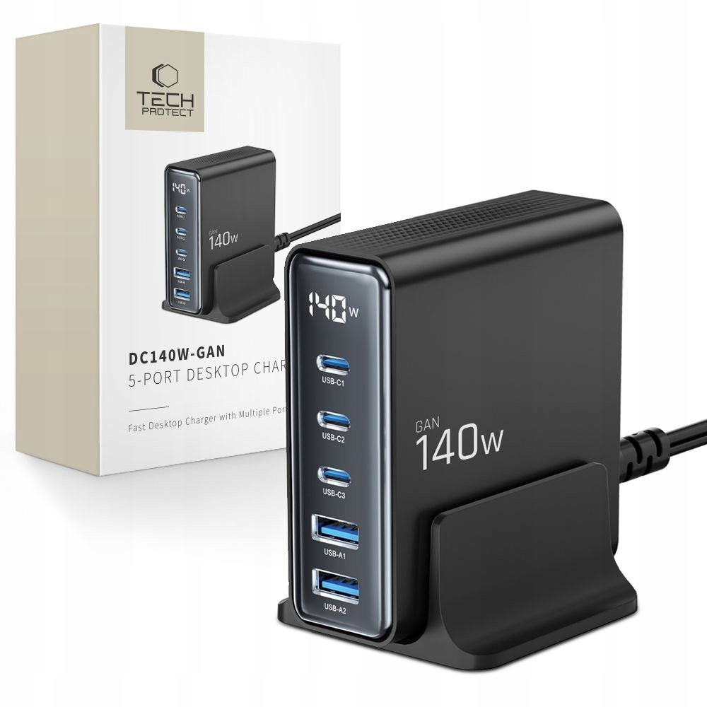 Stacja ładująca do urządzeń z wyświetlaczem 3x Usb-c 2x Usb-a GaN 140W cz