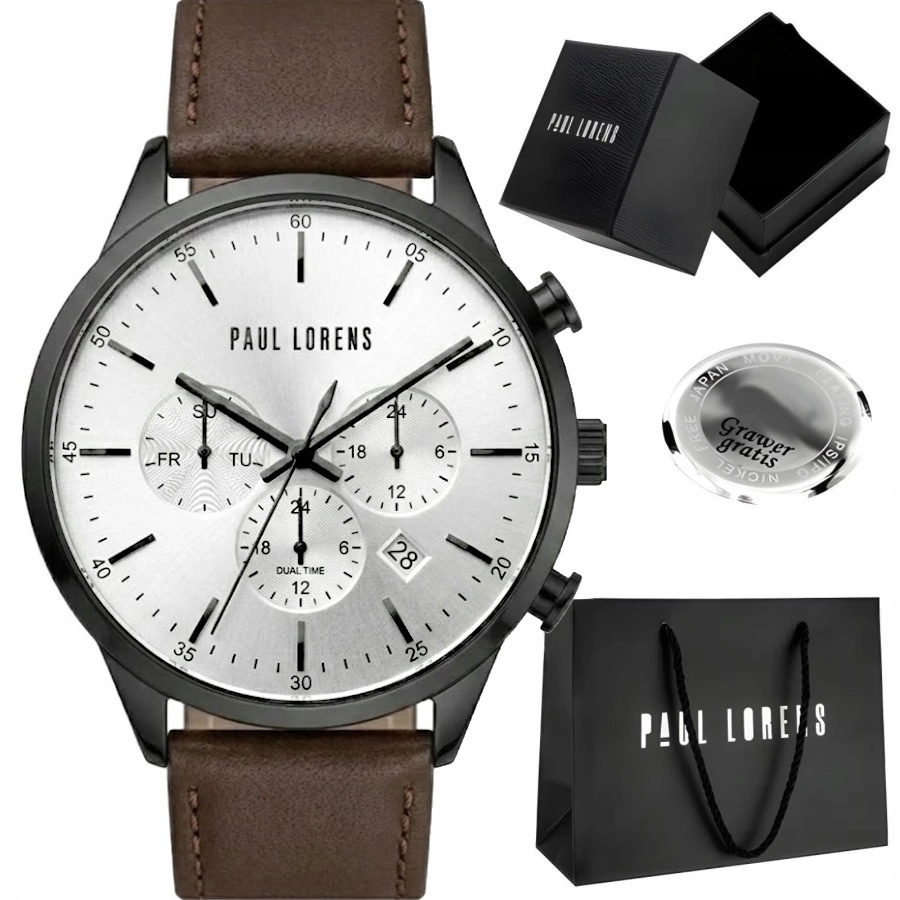 Pánské hodinky Paul Lorens Largo Dual Time pro tatínka kožené Gravírování