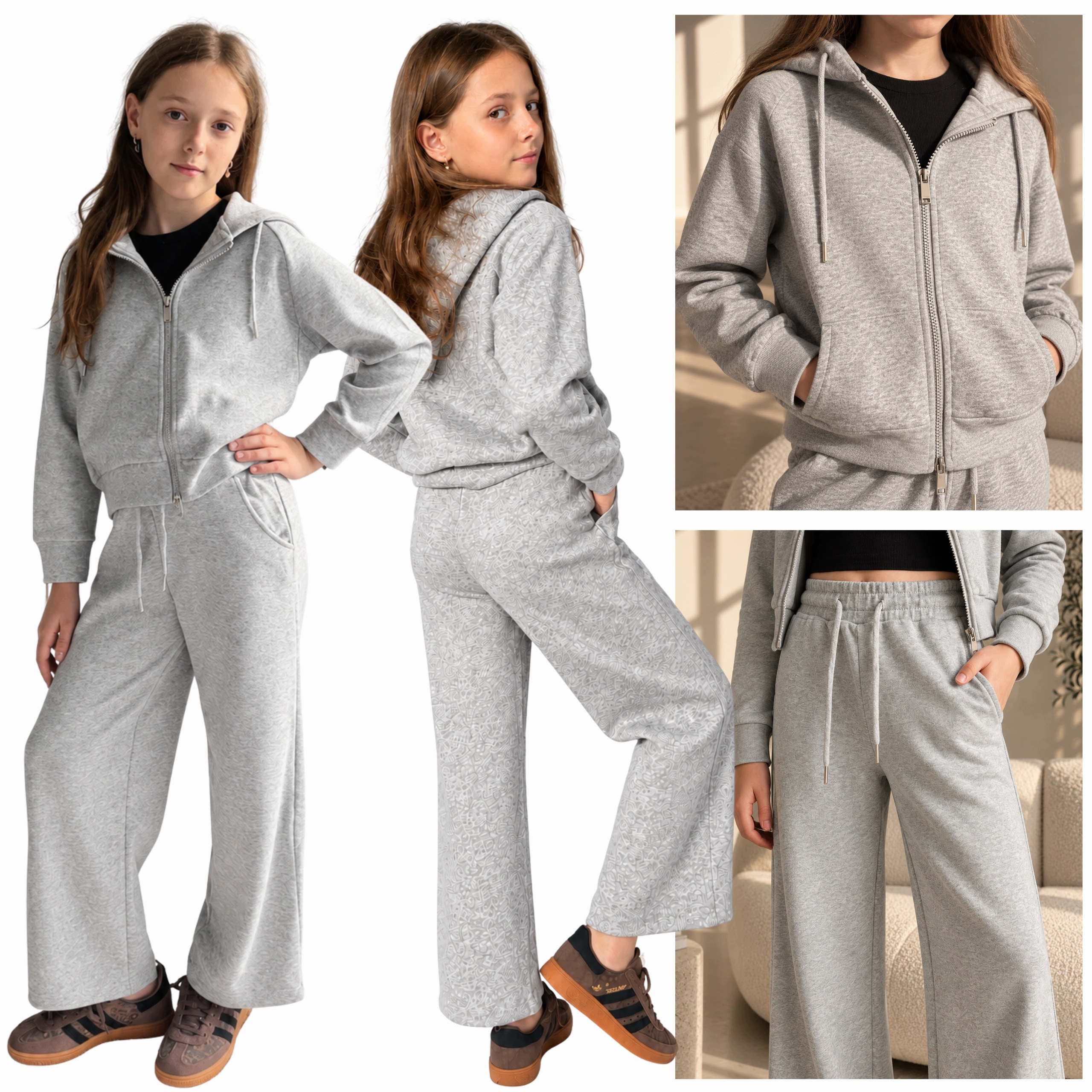 Dres Dziewczęcy Komplet Bluza Rozpinana Spodnie Szerokie 134/140 Szary