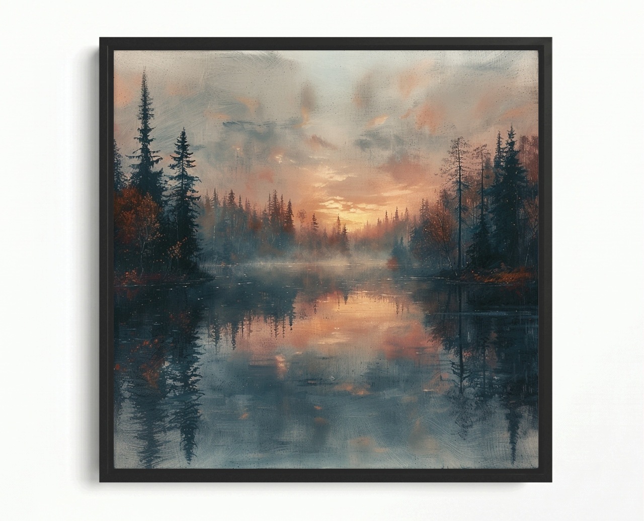 Obraz Rám American Box Krajina Stromy Jazero Hmla Západ Večer 60x60