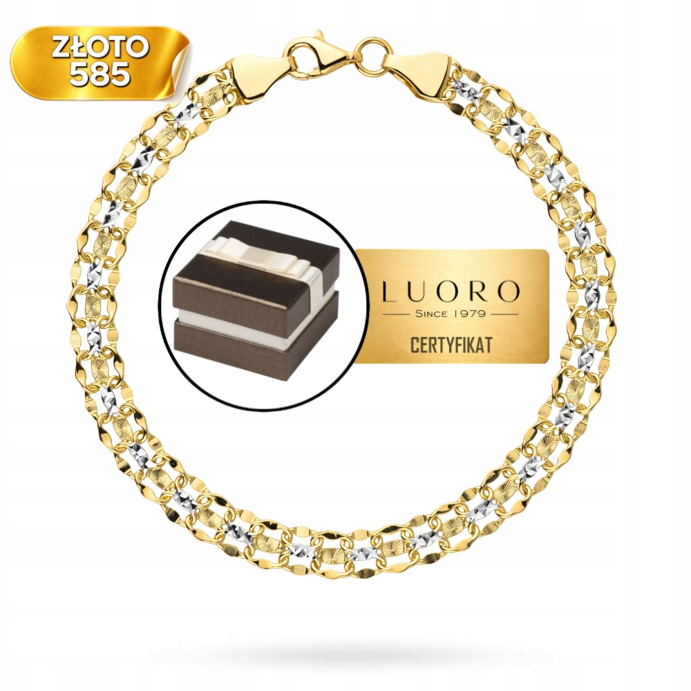 Zlatý Náramek 585 14K Dvoubarevný S Diamantem 19,5 CM Elegantní