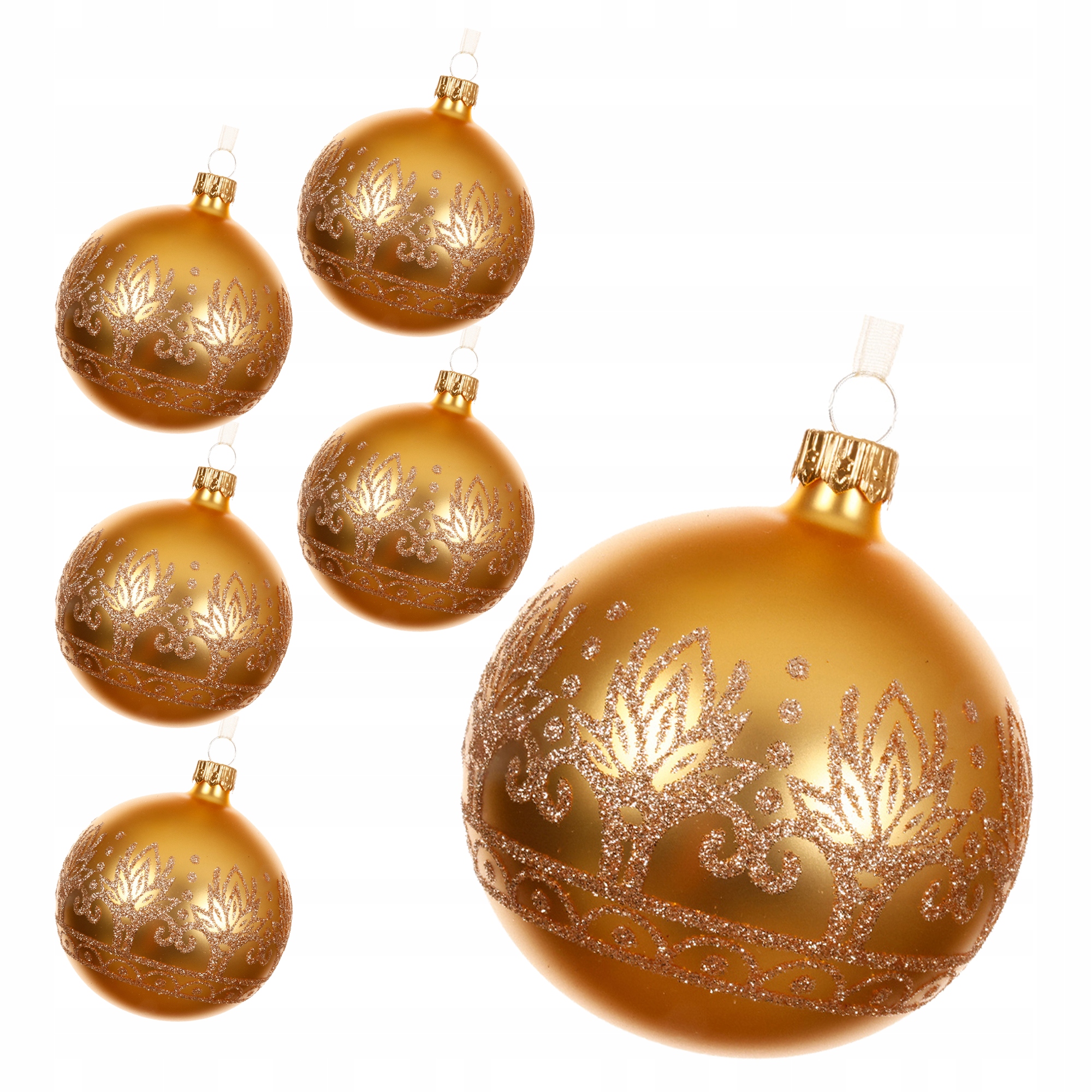Skleněné Zlaté Vánoční Baňky Matné s barokním ornamentem 8 cm 6 ks