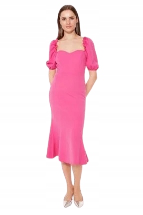 Trendyol Růžová Šaty MIDI S Volánem A Bufíky 40 5AB