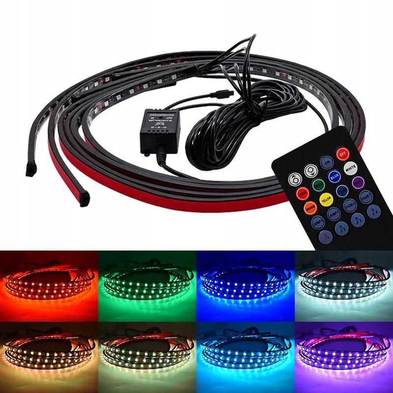 LAMPKI LED RGB TAŚMY PODWOZIA PODŚWIETLENIE POD SAMOCHOD PILOT APP