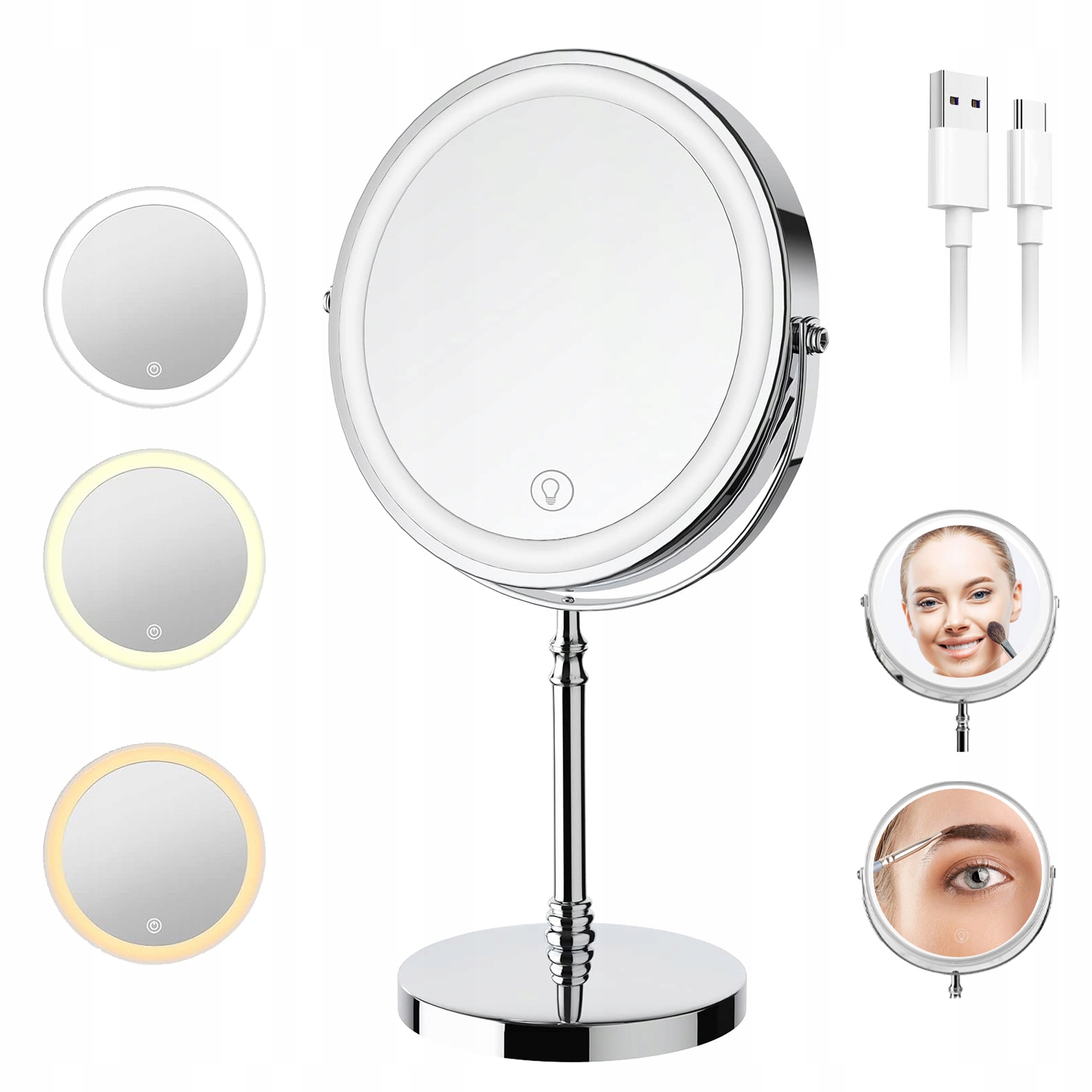 Kosmetické Zrcátko Oboustranné Otočné S Led Podsvícením Pro Líčení