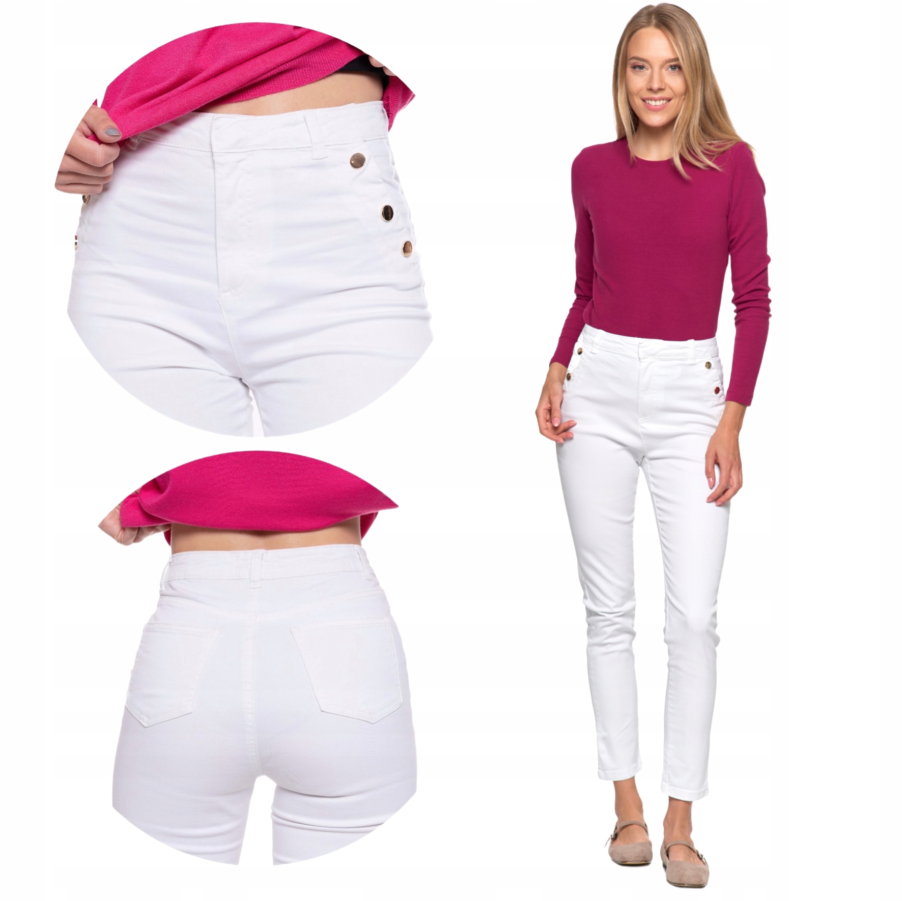 Białe Spodnie Damskie Skinny Rurki Elastyczne Długie Wysoki Stan Moraj R.xl