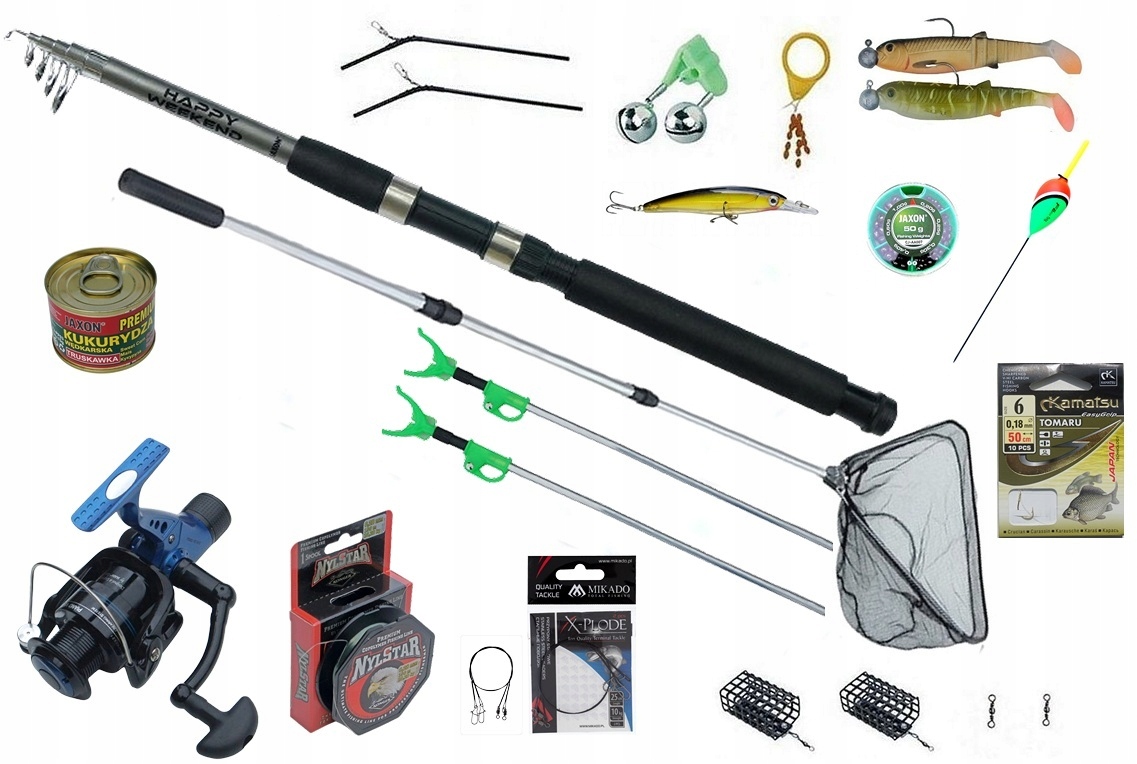 Zestaw Wędkarski Grunt 1x Wędka 1x Kołowrotek Podbierak, Podpórki,