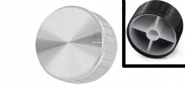 

Gałka Potencjometru Srebrna Alu Oś Ścięta 30mm