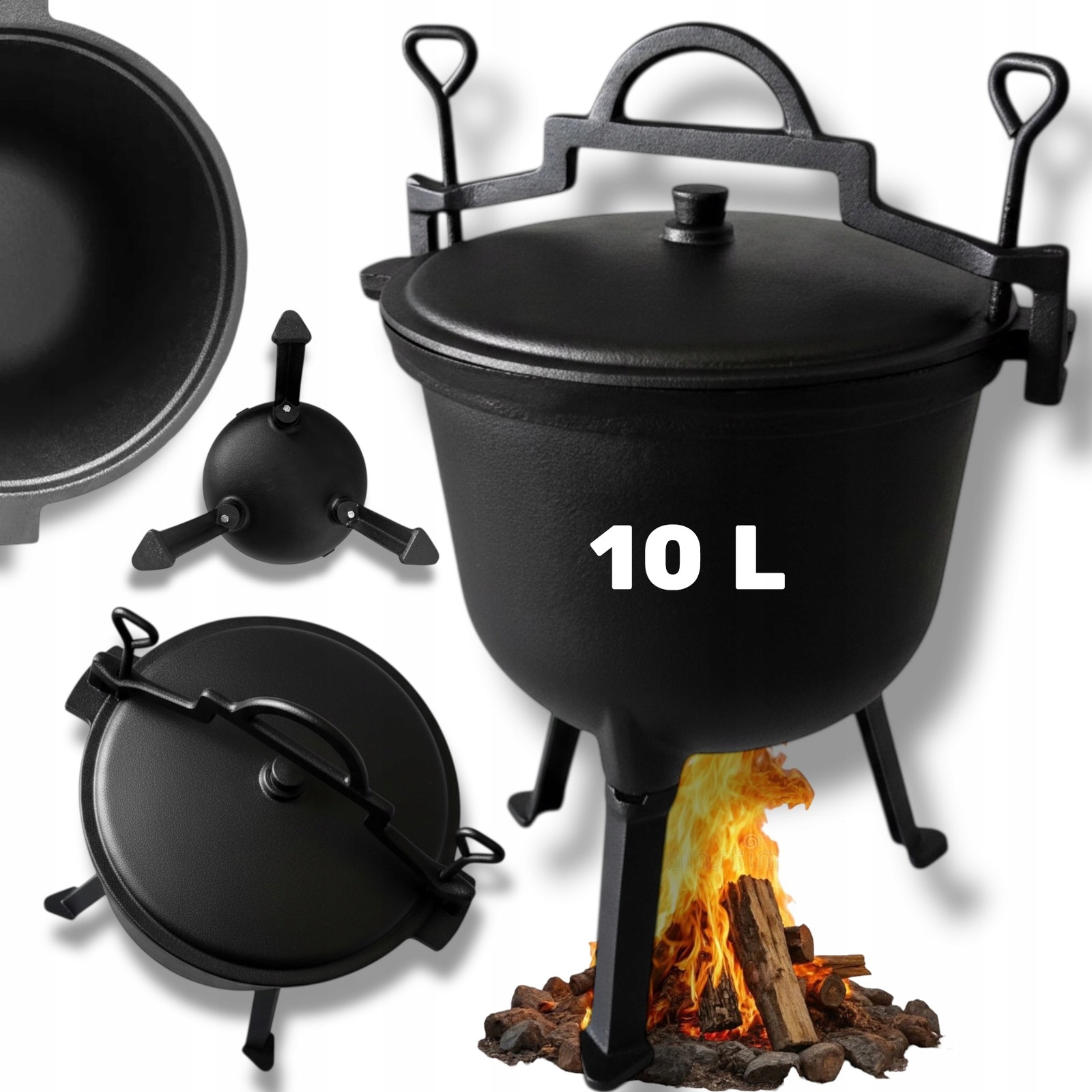 Kociołek Myśliwski Żeliwny 10L Garnek Ogniskowy z Pokrywą Grill
