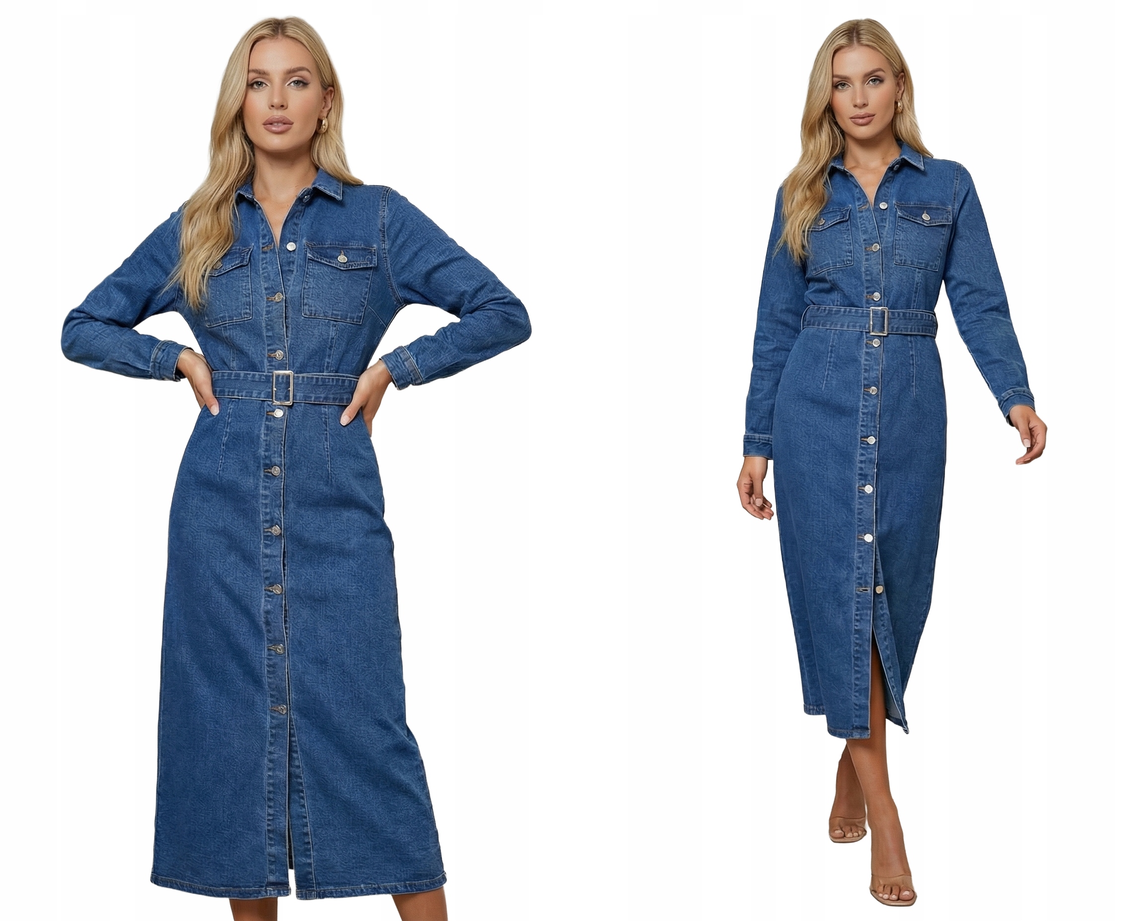 Šaty Džínová MIDI Elegantní Rozepínací Kapsy Vypasovaná Modrá M