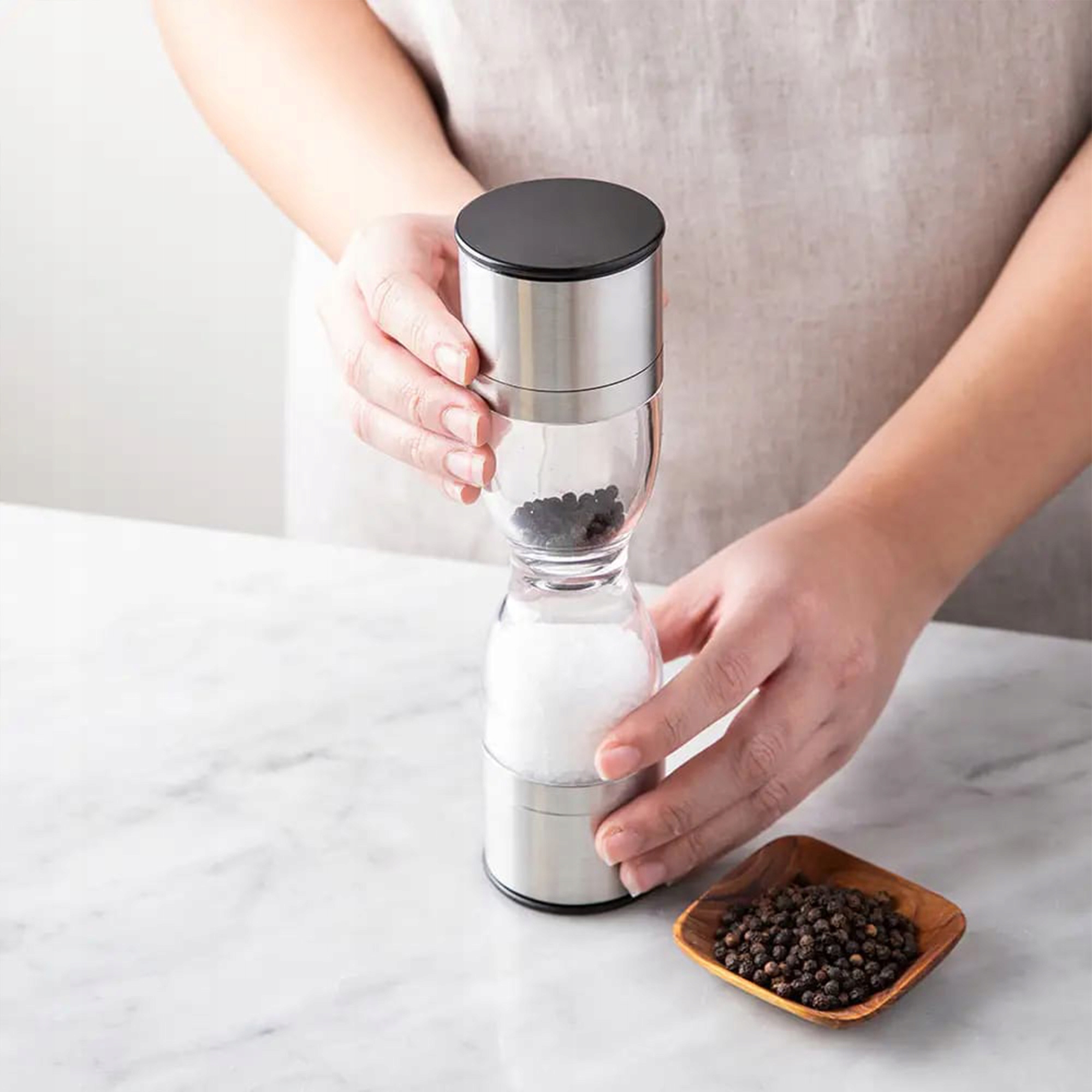 MŁYNEK RĘCZNYDO MIELENIA PRZYPRAW SOLI PIEPRZU DWUSTRONNY KLEPSYDRA 2W1