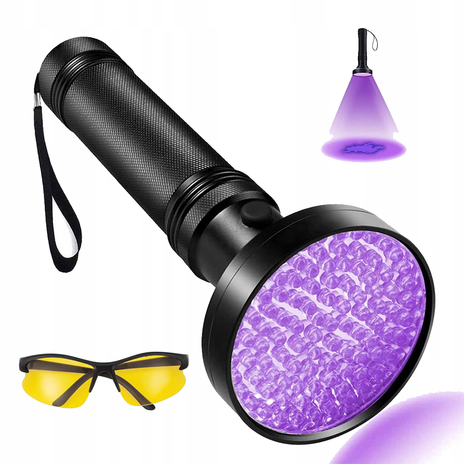 Latarka Ultrafioletowa 100 Led Z Goglami Chroniącymi Anty Uv Promieniowanie