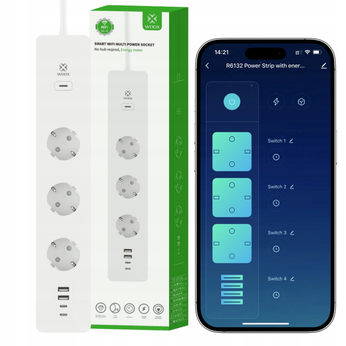 Zásuvková lišta Wifi Prodlužovací kabel s měřením spotřeby 2 x Usb C 2 x Usb Woox