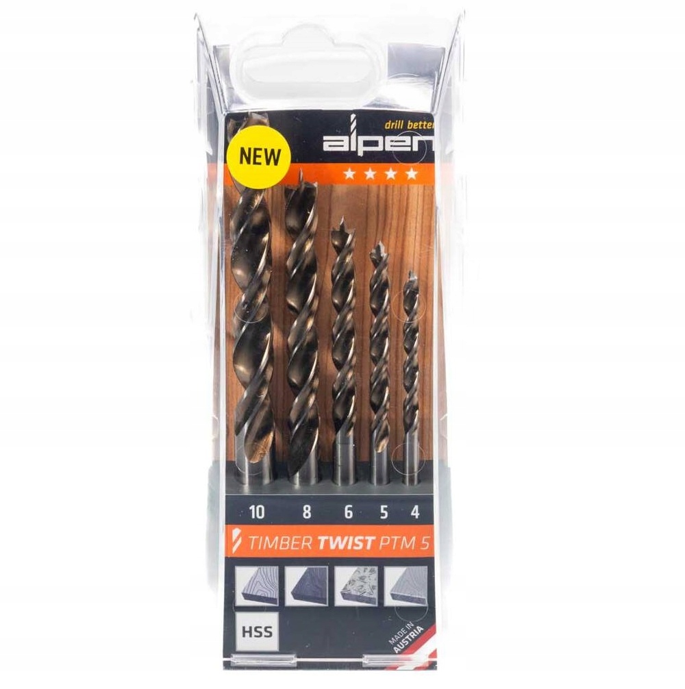 Alpen Zestaw 5 wierteł krętych do drewna Timber Twist Ptm 5 4/5/6/8/10 mm