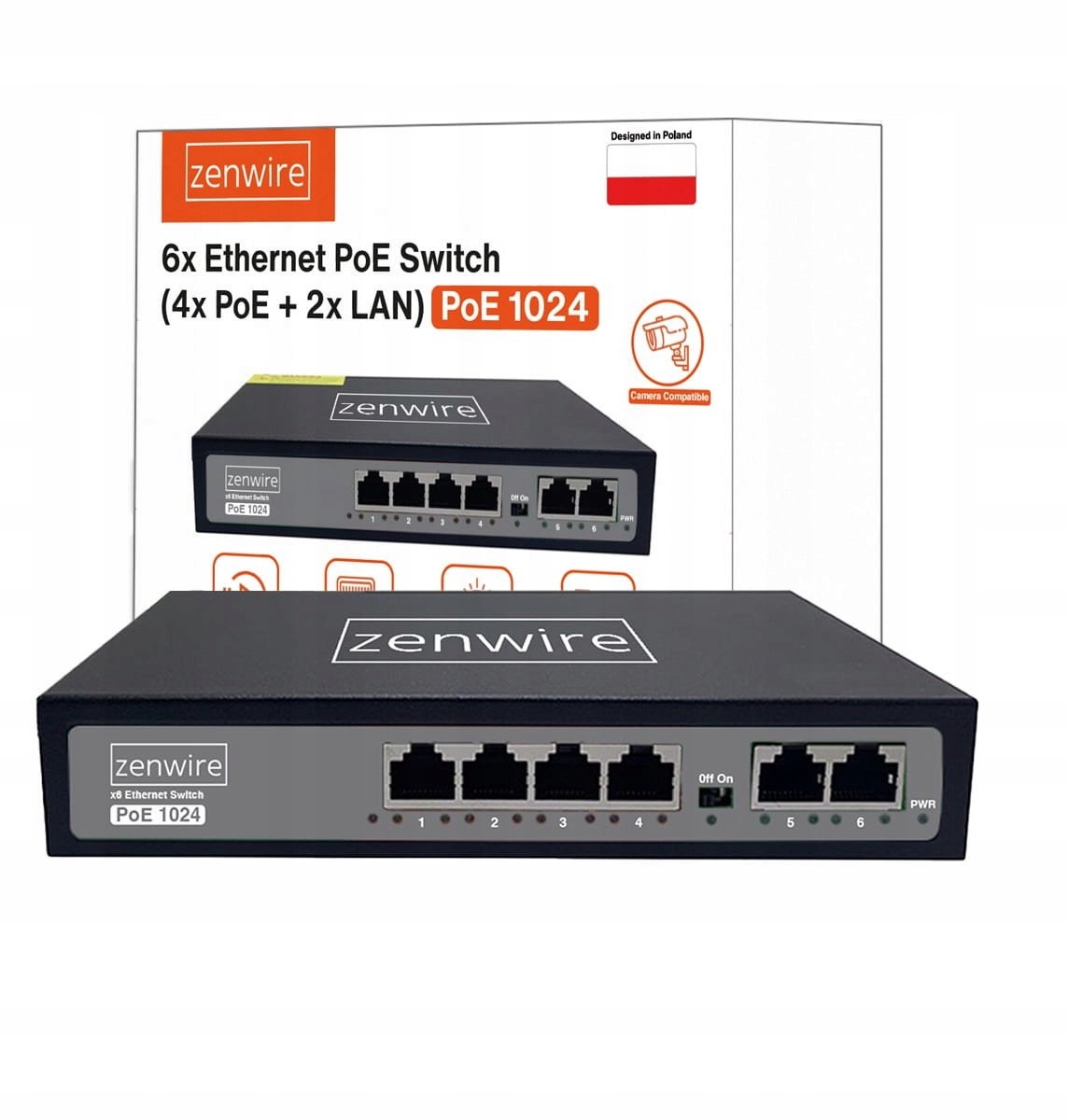 Switch PoE Zenwire 1024 6 portów 4x PoE 10/100 Mbps 60W