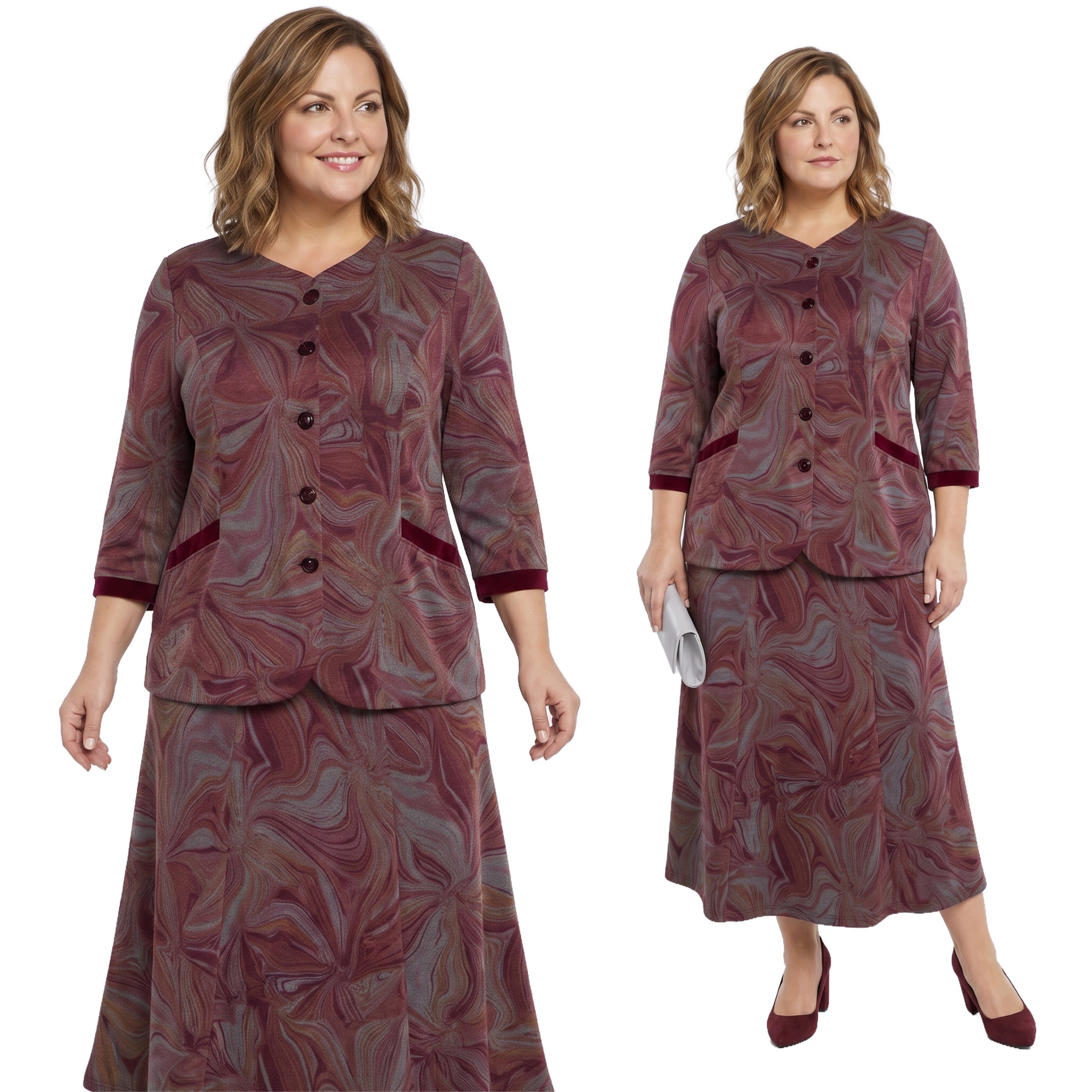 Bordó-šedý komplet s abstraktním vzorem plus size velikost 60