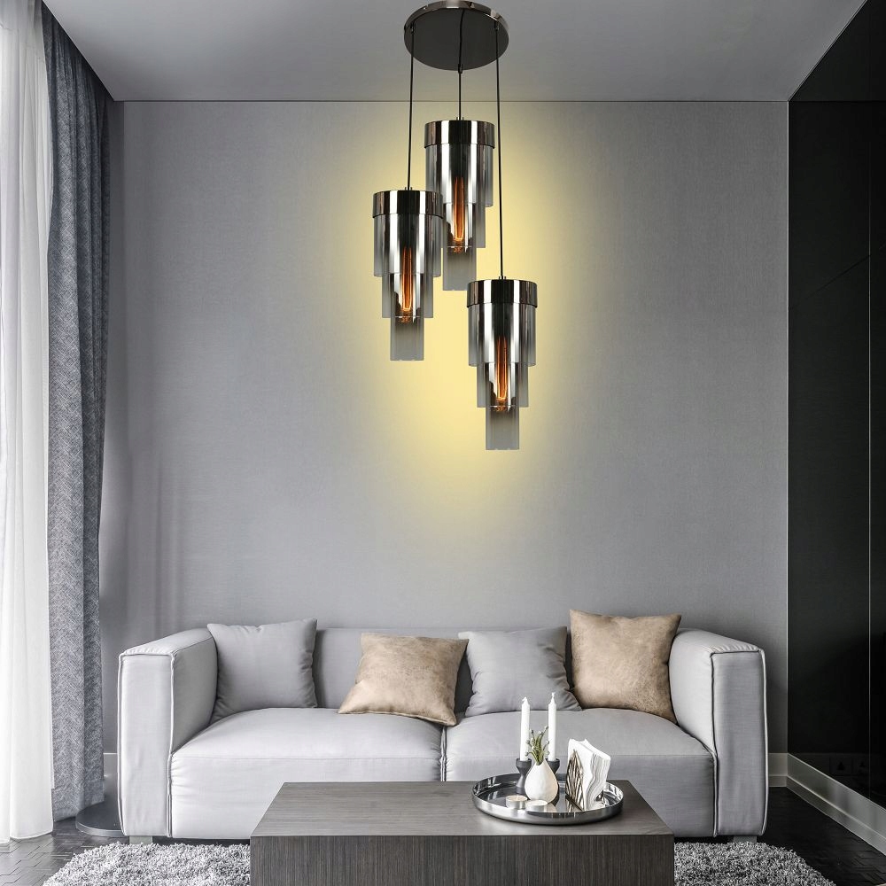 Závěsná horizontální lampa s válcovitými stínítky, černý chrom Grans E27