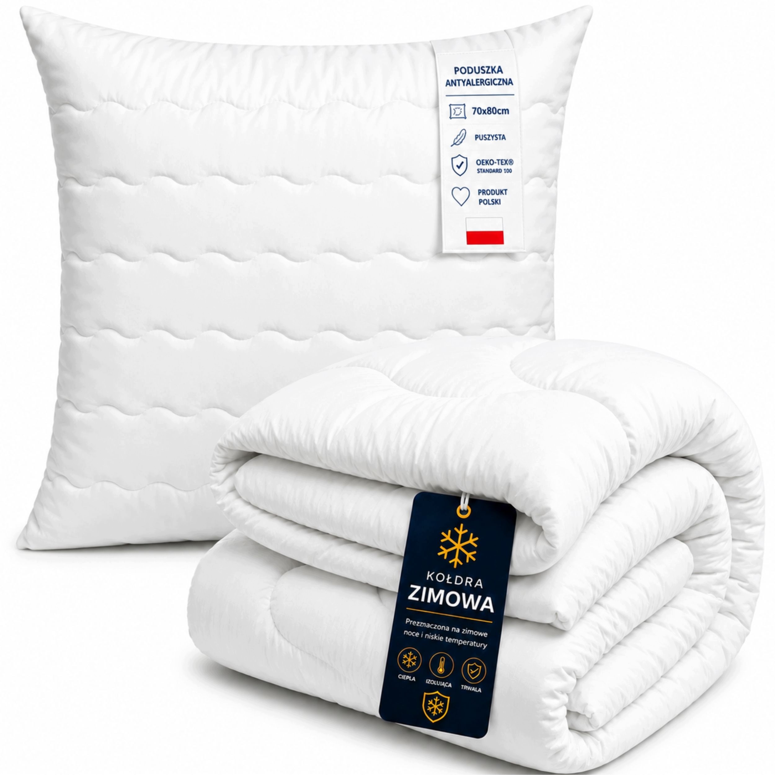 Kołdra Zimowa 220x200 Poduszka 70x80 Antyalergiczna Polska Pranie w 60°C