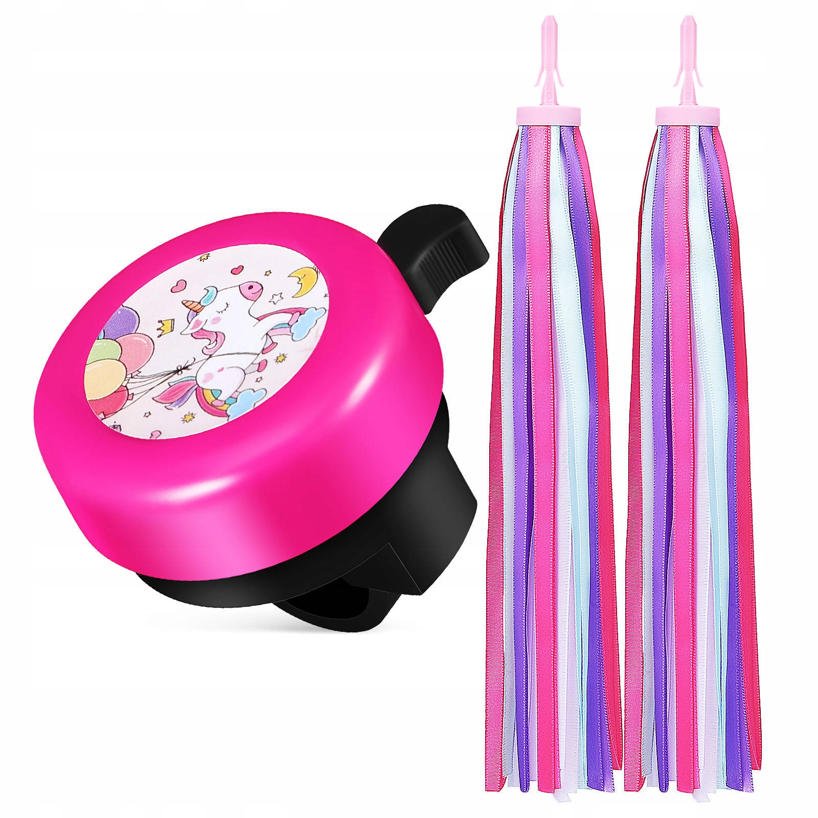 ZESTAW DZWONEK ROWEROWY JEDNOROŻEC Z WSTĄŻKAMI + GŁOŚNY DZWONEK