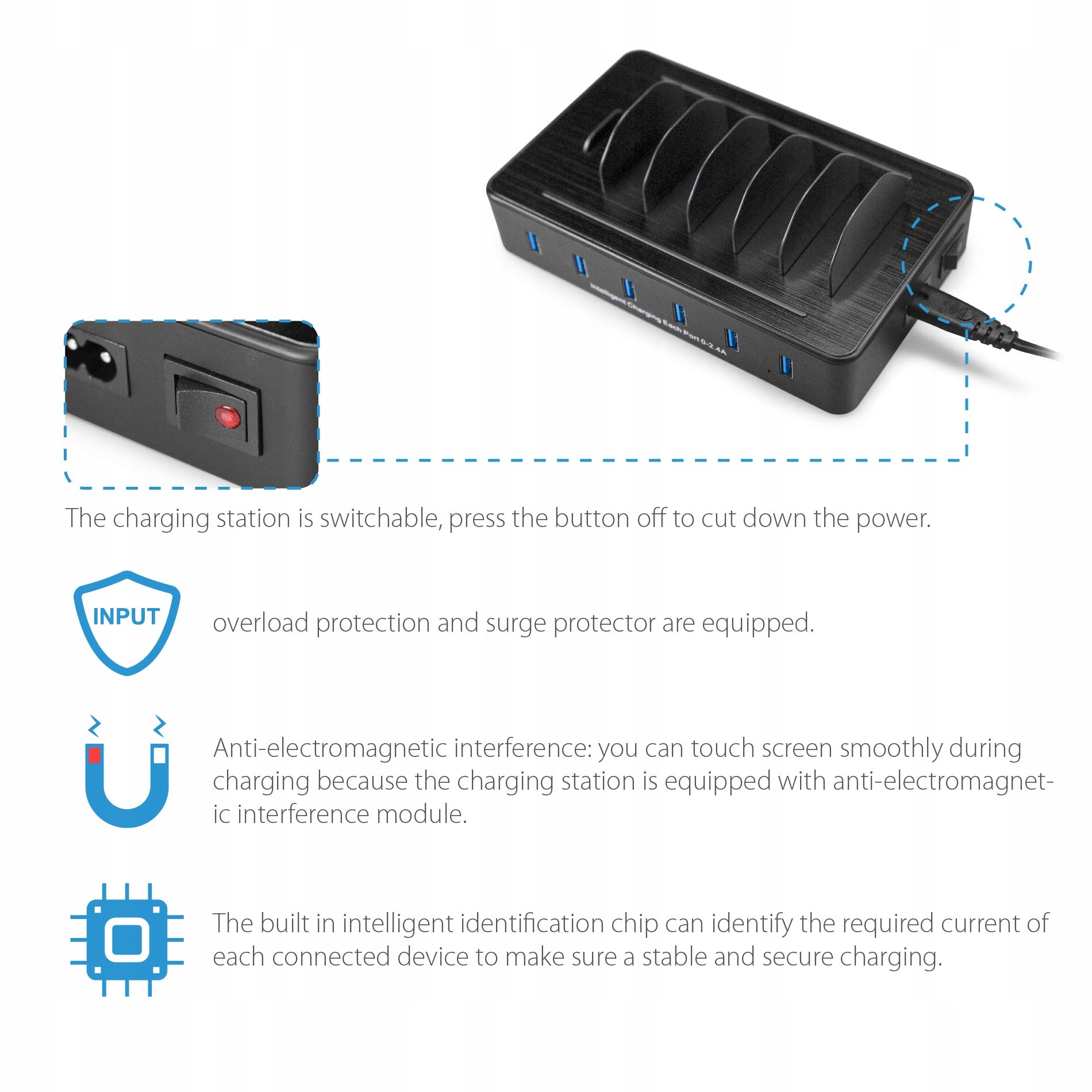TECHDOT Stacja Ładowania USB 6 Portów Do Telefonów i Tabletów Z Kabli — miniatura 5