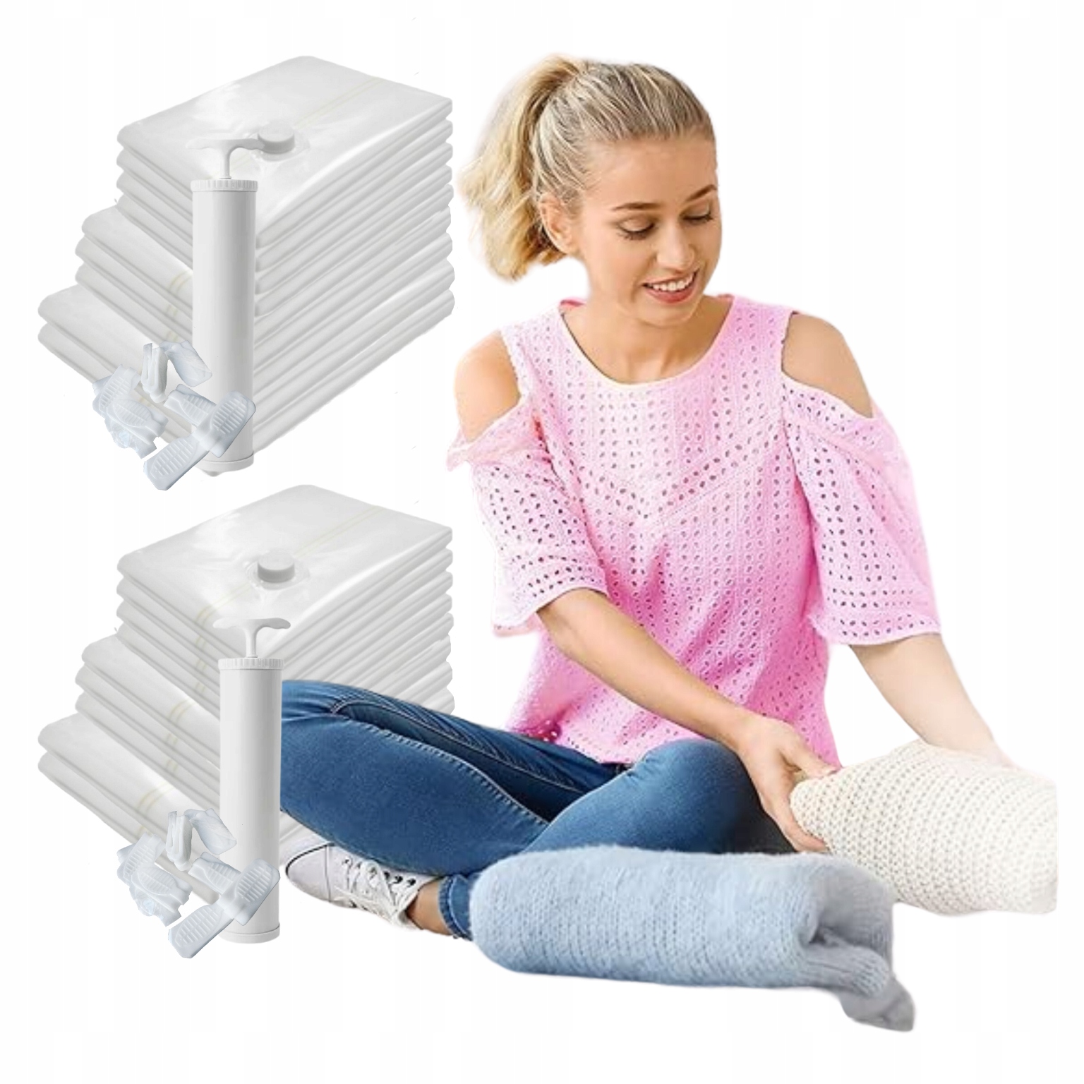 Levně Set 2 x 9ks Vakuové Sáčky na Oblečení Povlečení Pumpička Bonus Silné
