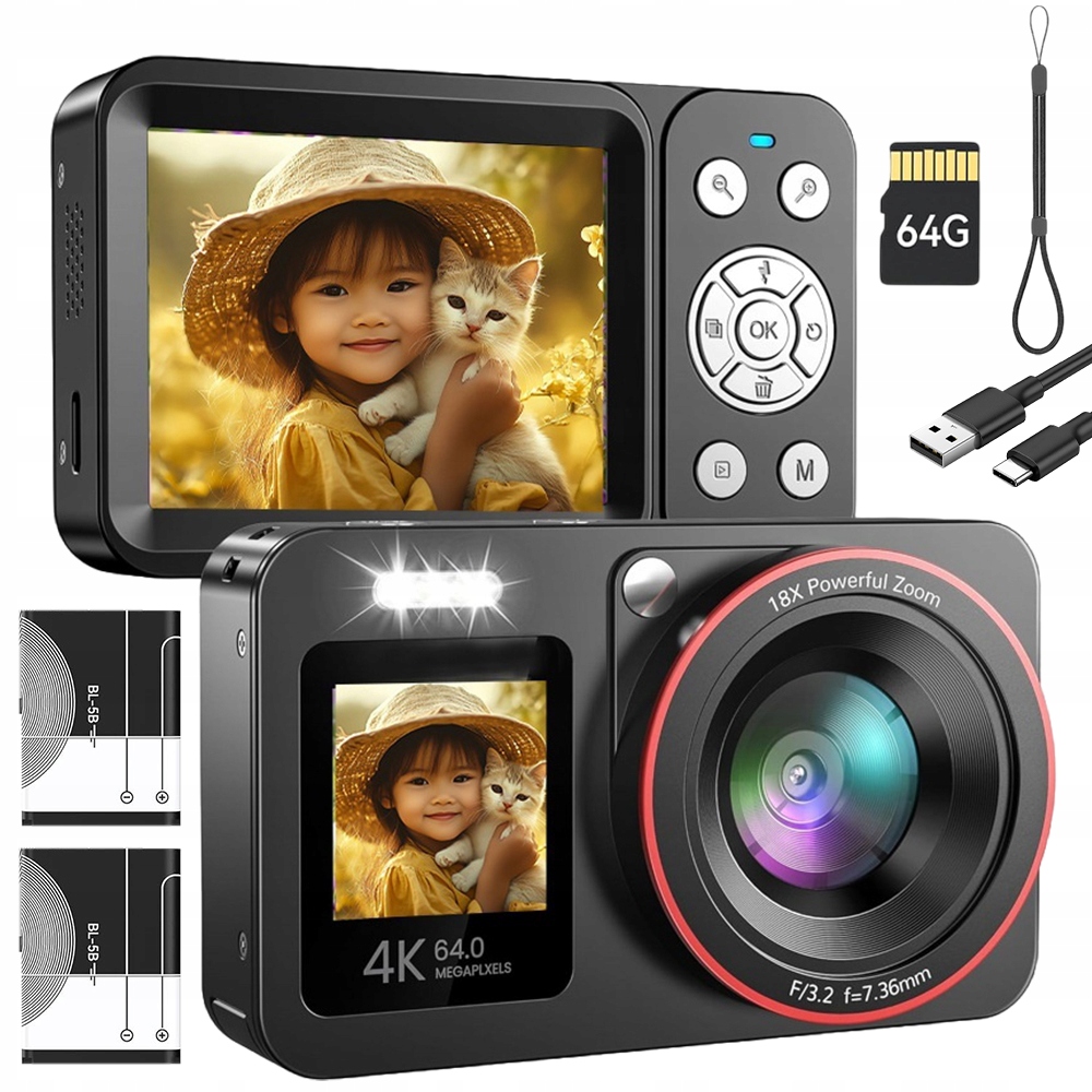 Přenosný Digitální Fotoaparát 4K 64MP 18X Zoom S Automatickým Ostřením 64GB