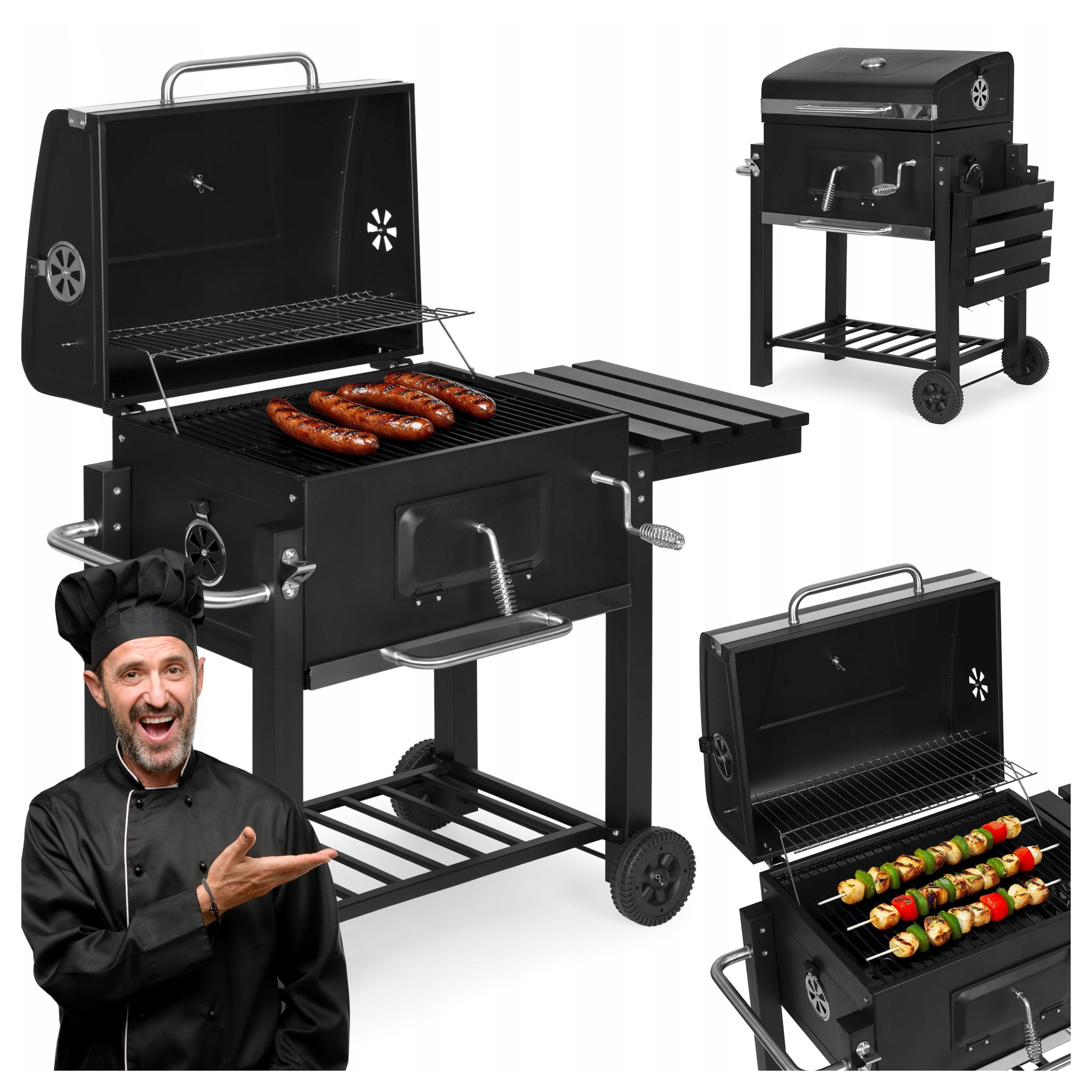 Grill Węglowy Ogrodowy Przenośny Duży Pokrywa Termometr Półki Koła Dmuchawa