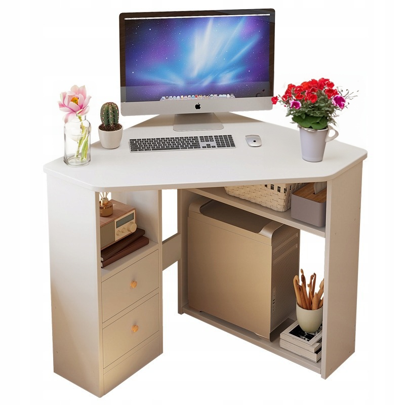 Trojuholníkový Počítačový Rohový Stôl S Policami Moderný Biely Loft