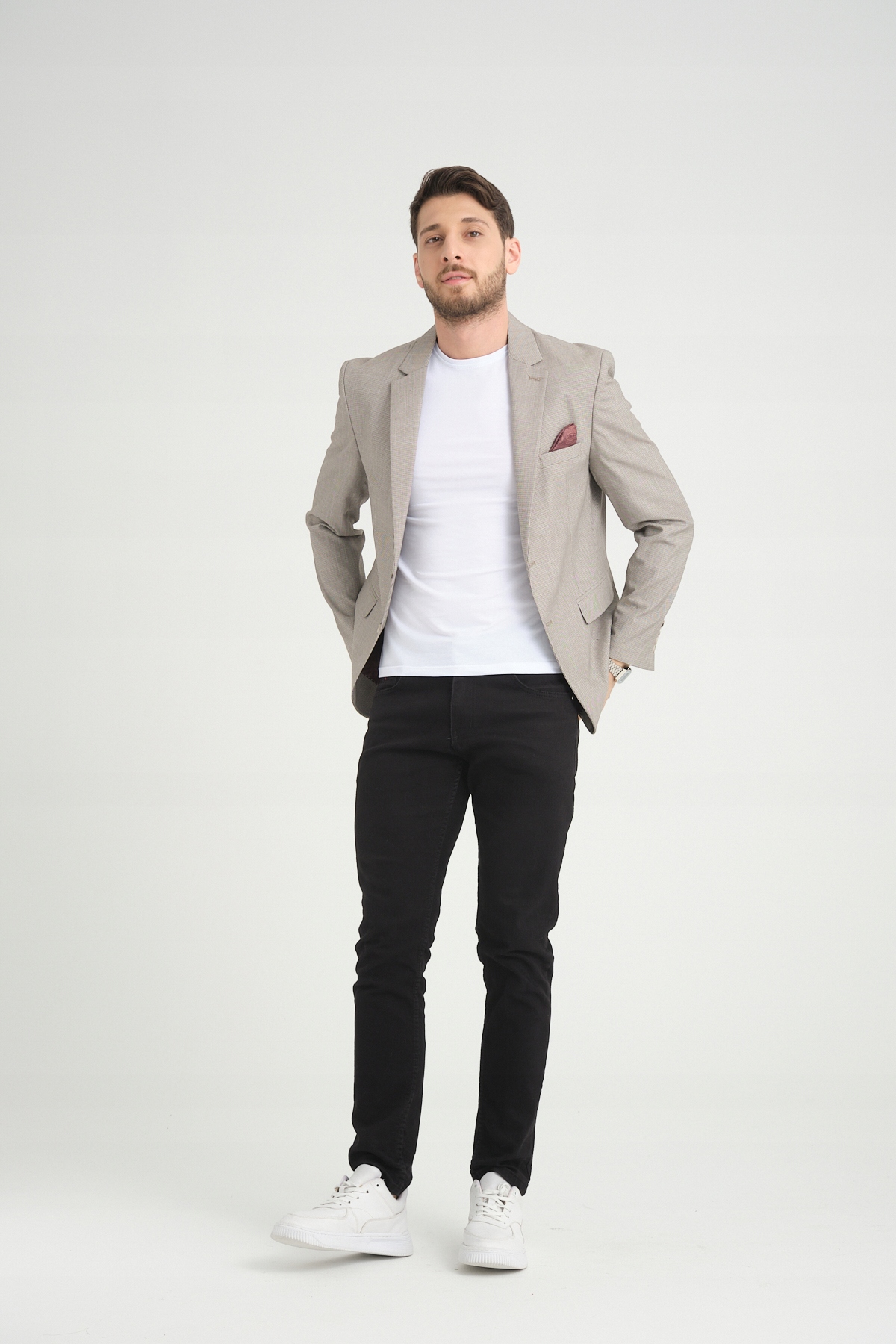 MARYNARKA MĘSKA BEŻOWA W PEPITKĘ WIZYTOWA ELEGANCKA BIZNESOWA CASUAL 48 Rodzaj jednorzędowy