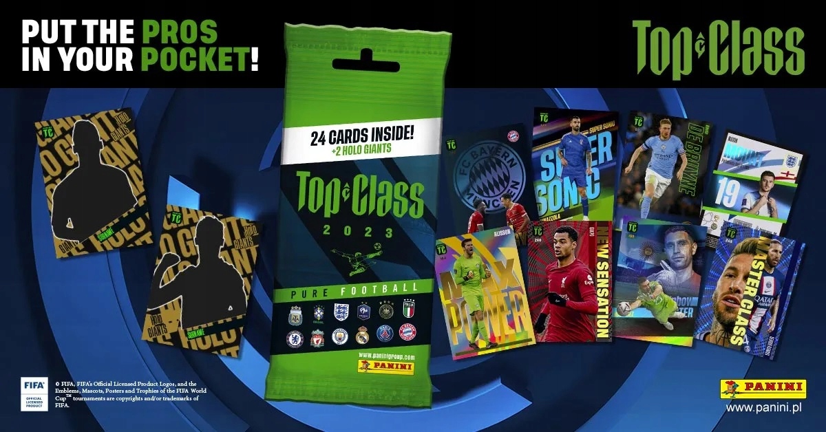 KARTY PIŁKARSKIE TOP CLASS 2023 3 SASZETKI FAT PACK 72 KARTY + 6 HOLO GIANT Długość 18 cm