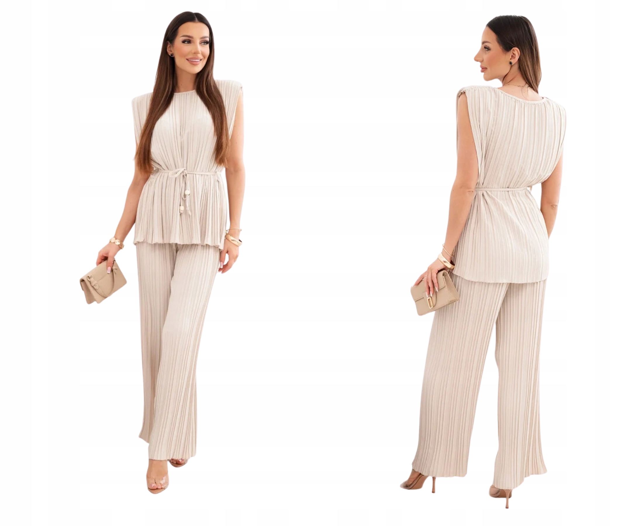 Béžový dámský plisovaný komplet, halenka bez rukávů a široké kalhoty