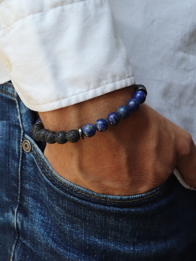 Pánský náramek – lapis lazuli, vulkanická láva, hematit 20 cm