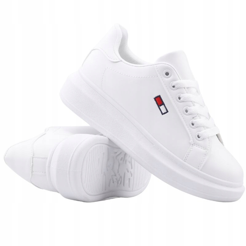 Białe Buty Sportowe Damskie Na Platformie Sneakersy Związane Klasyczne