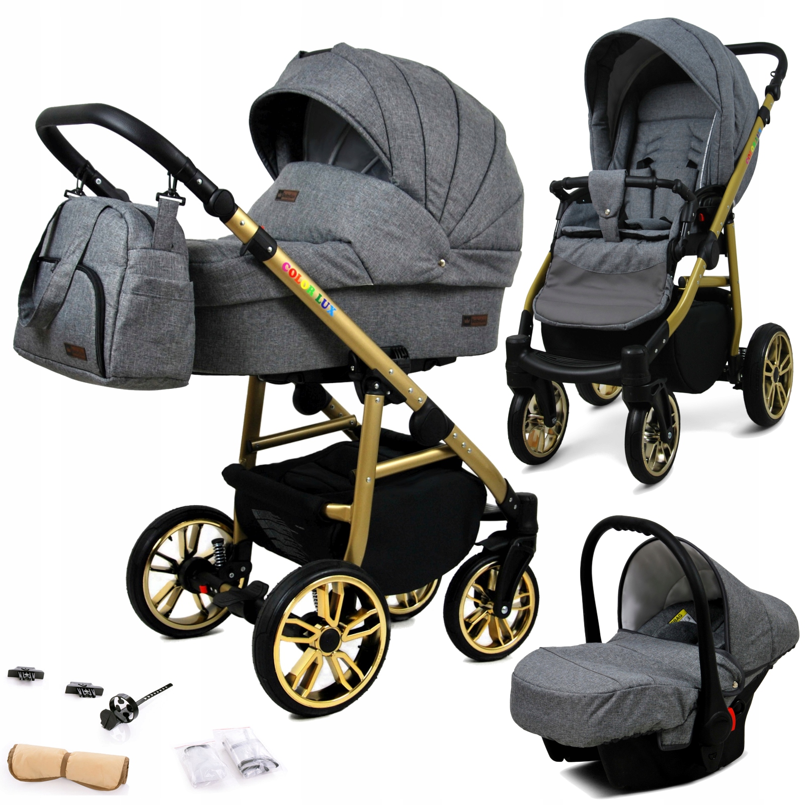 Wózek dziecięcy 3w1 BabyLux Colorlux Gold spacerowy gondola fotelik torba