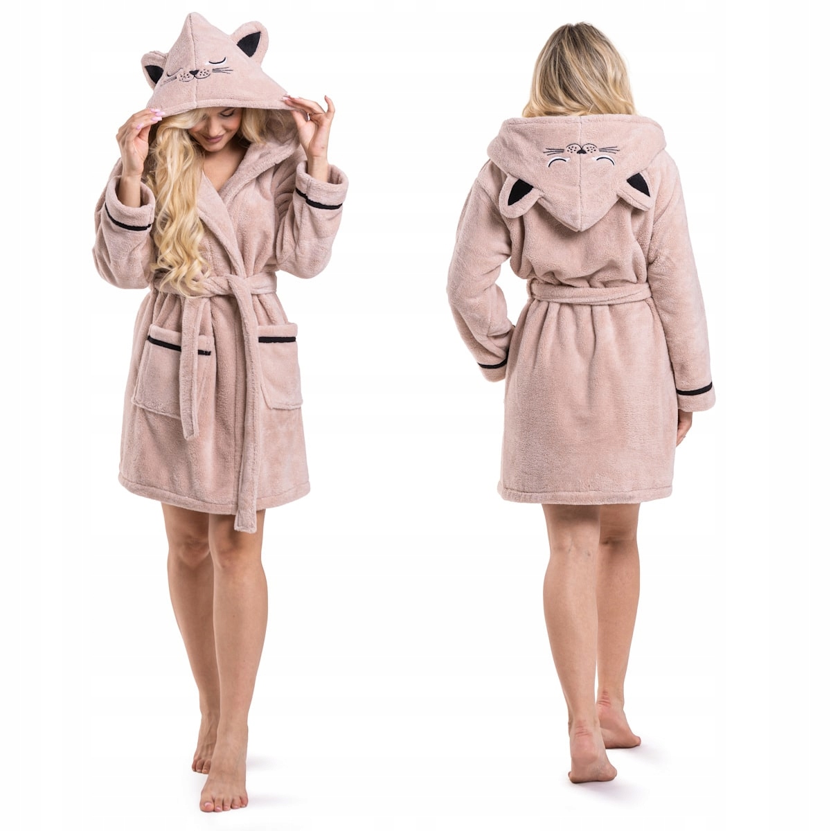 Hřejivý chlupatý župan s kapucí L 2028 béžový rys