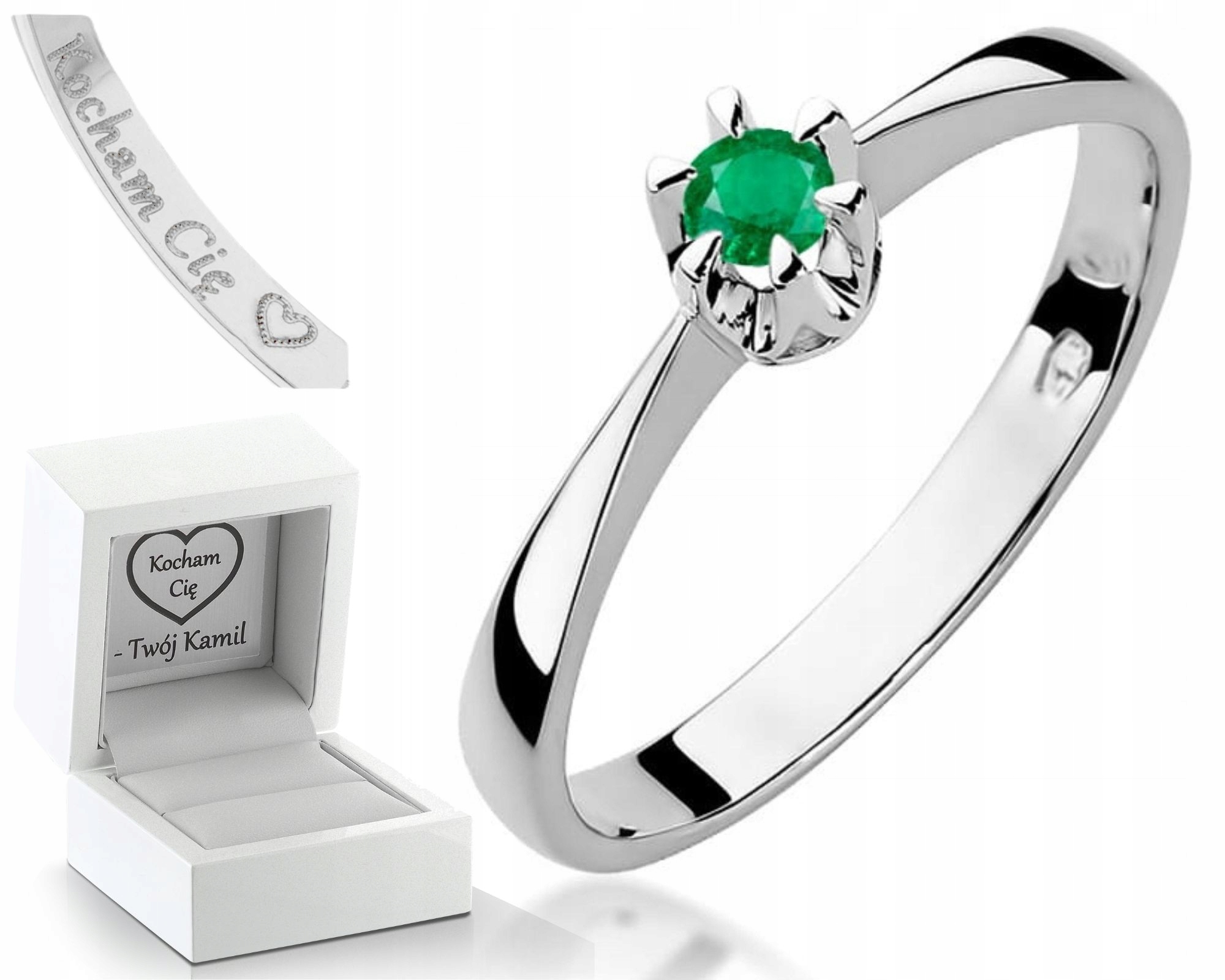 Smaragd Prstýnek Prsten Z Bílého Gravírování 585, Gravírování Bonus