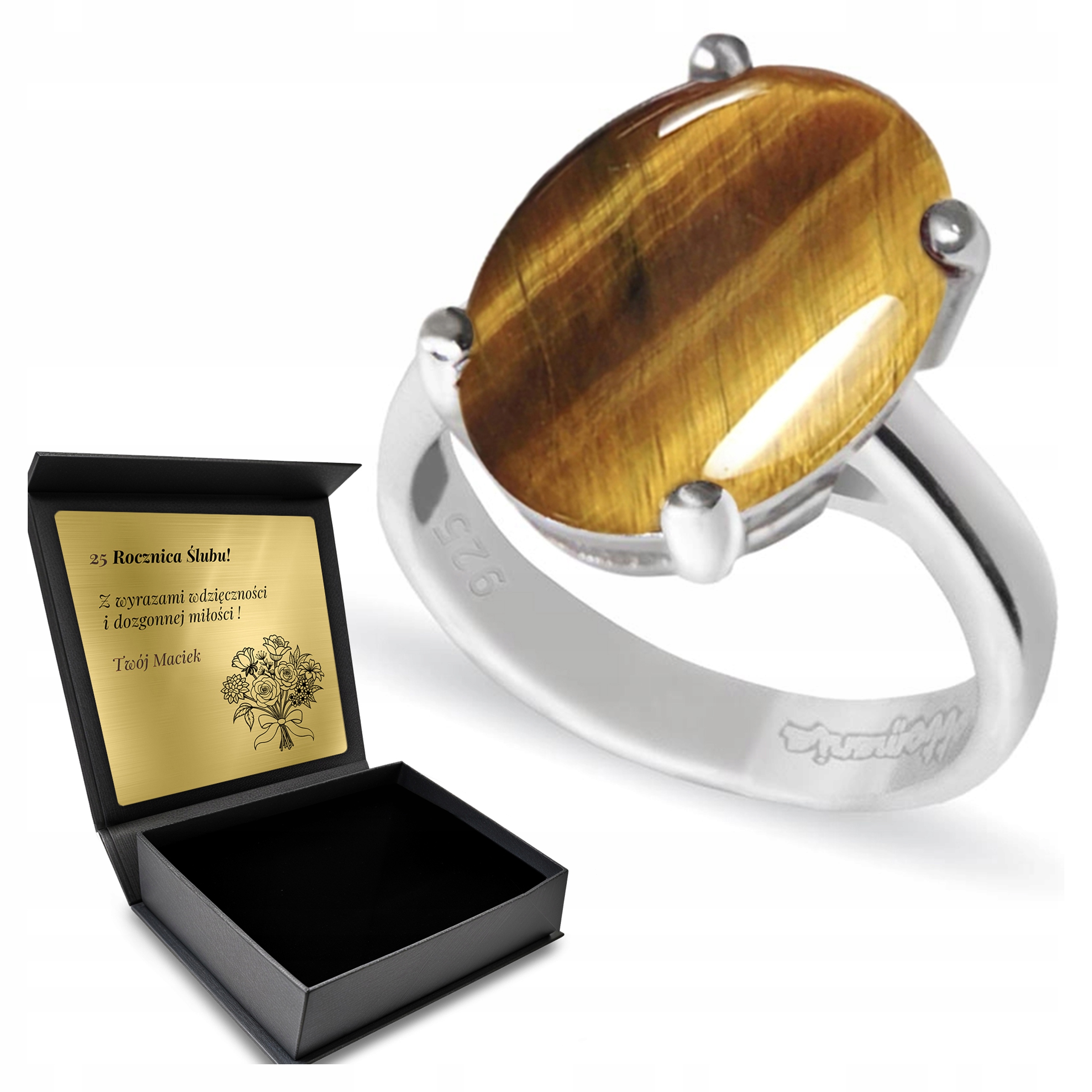 Prstýnek 925 Tygří Oko Dárek k Valentýnu Gravírování Bonus